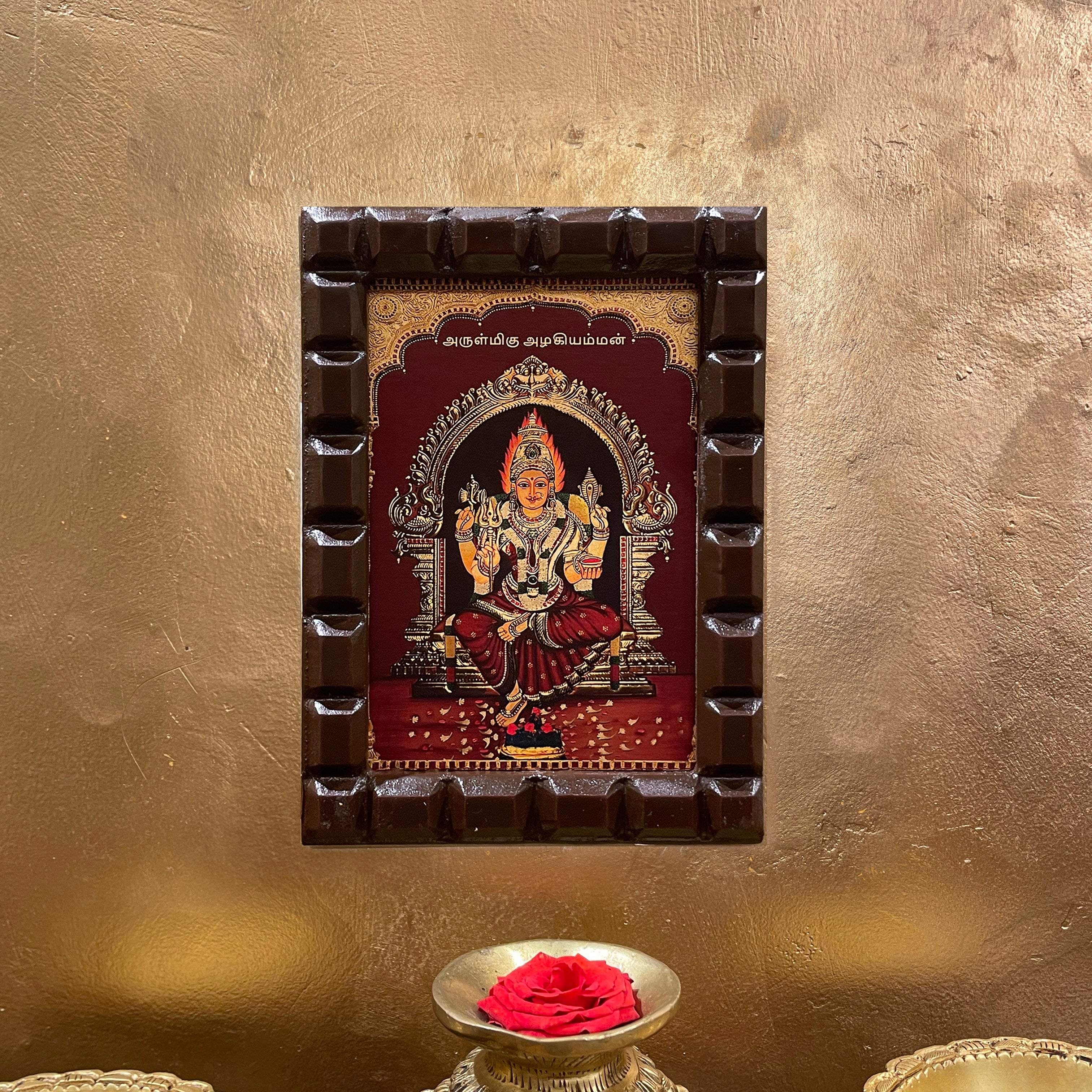 Arulmigu Azhagamman Gold Leafed Art in Wooden Frame
