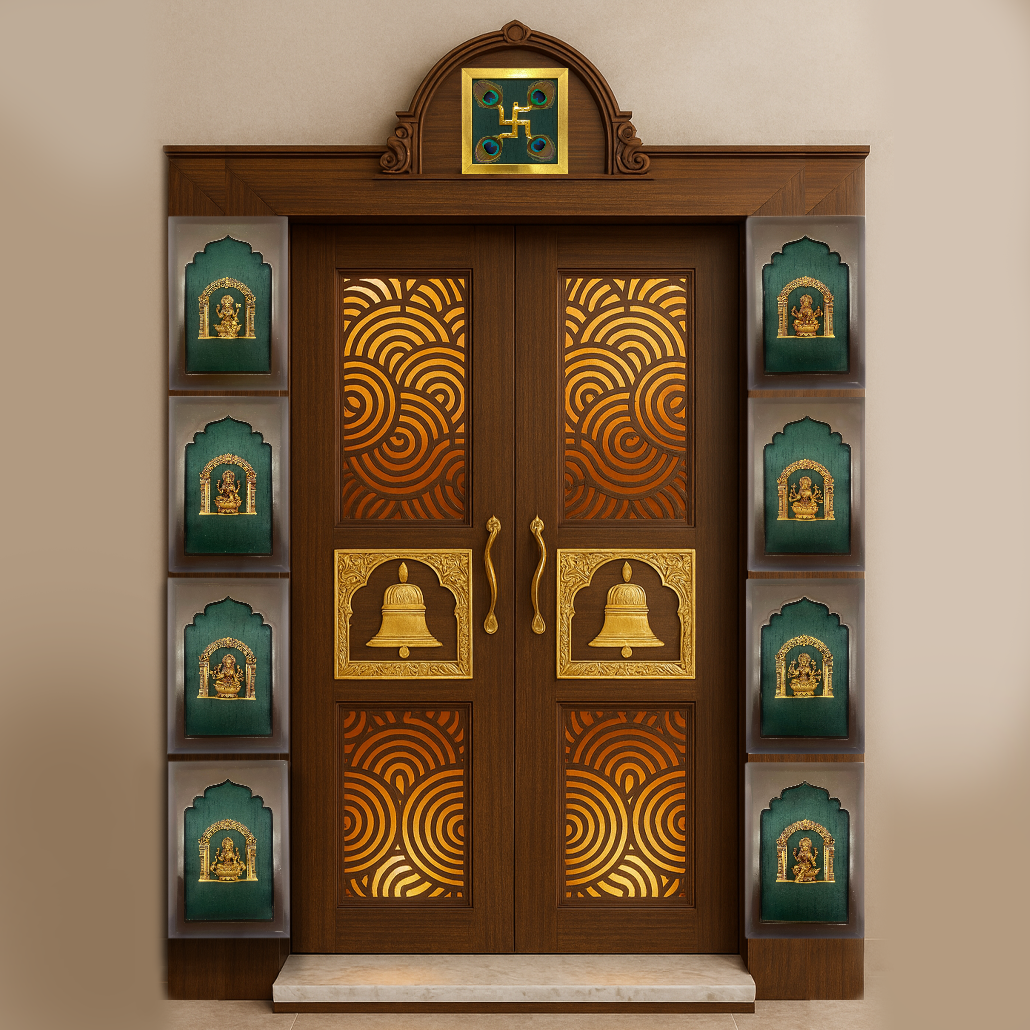 Astalakshmi Brass Set of 8 with Rama Green Silk in Wooden Frame