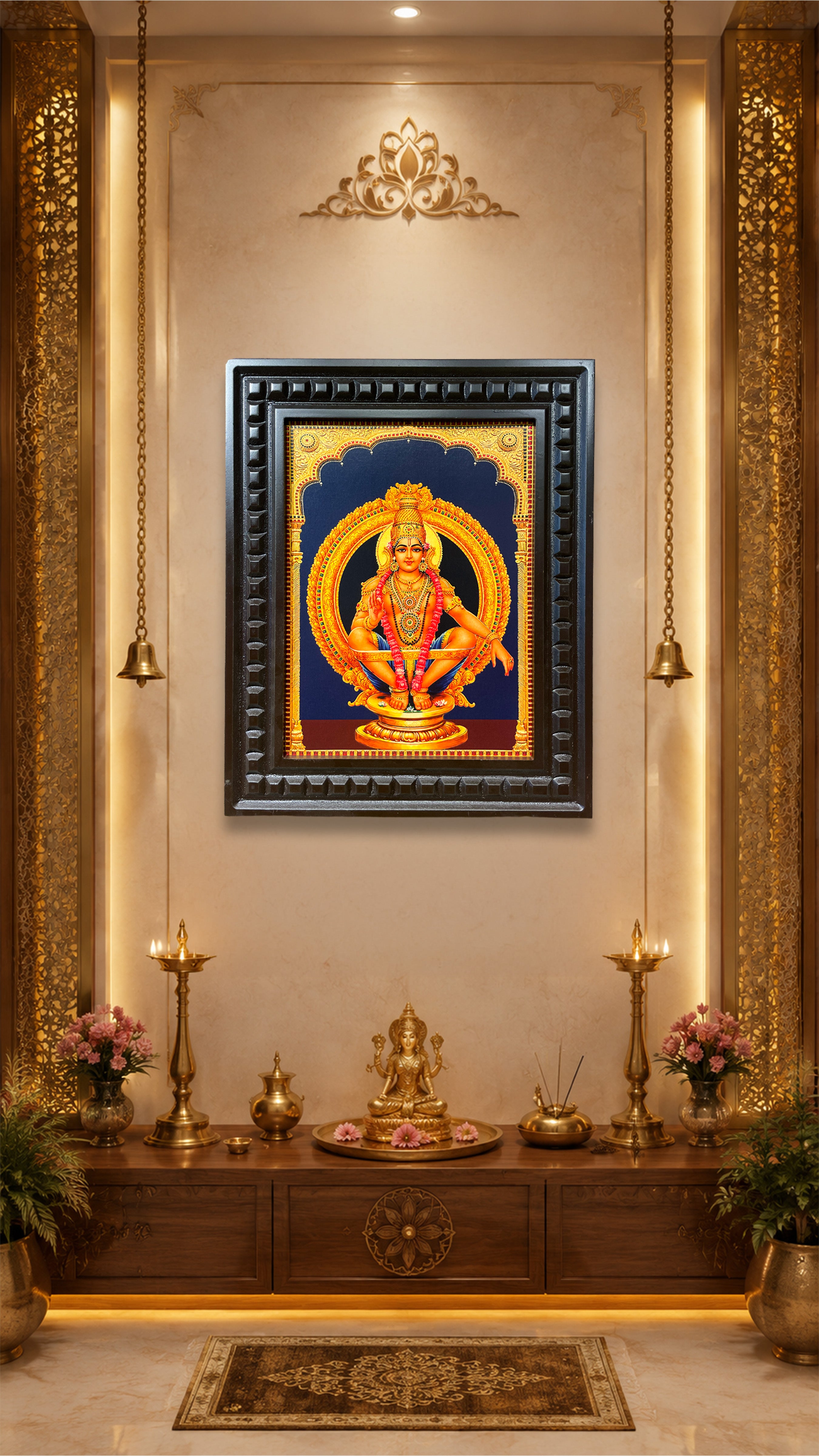Lord Ayyappa Gold Leaf Wall Art with Premium Engineered Wooden Frame | Luxury Spiritual Wall Decor for Pooja Room | ESTUDIO