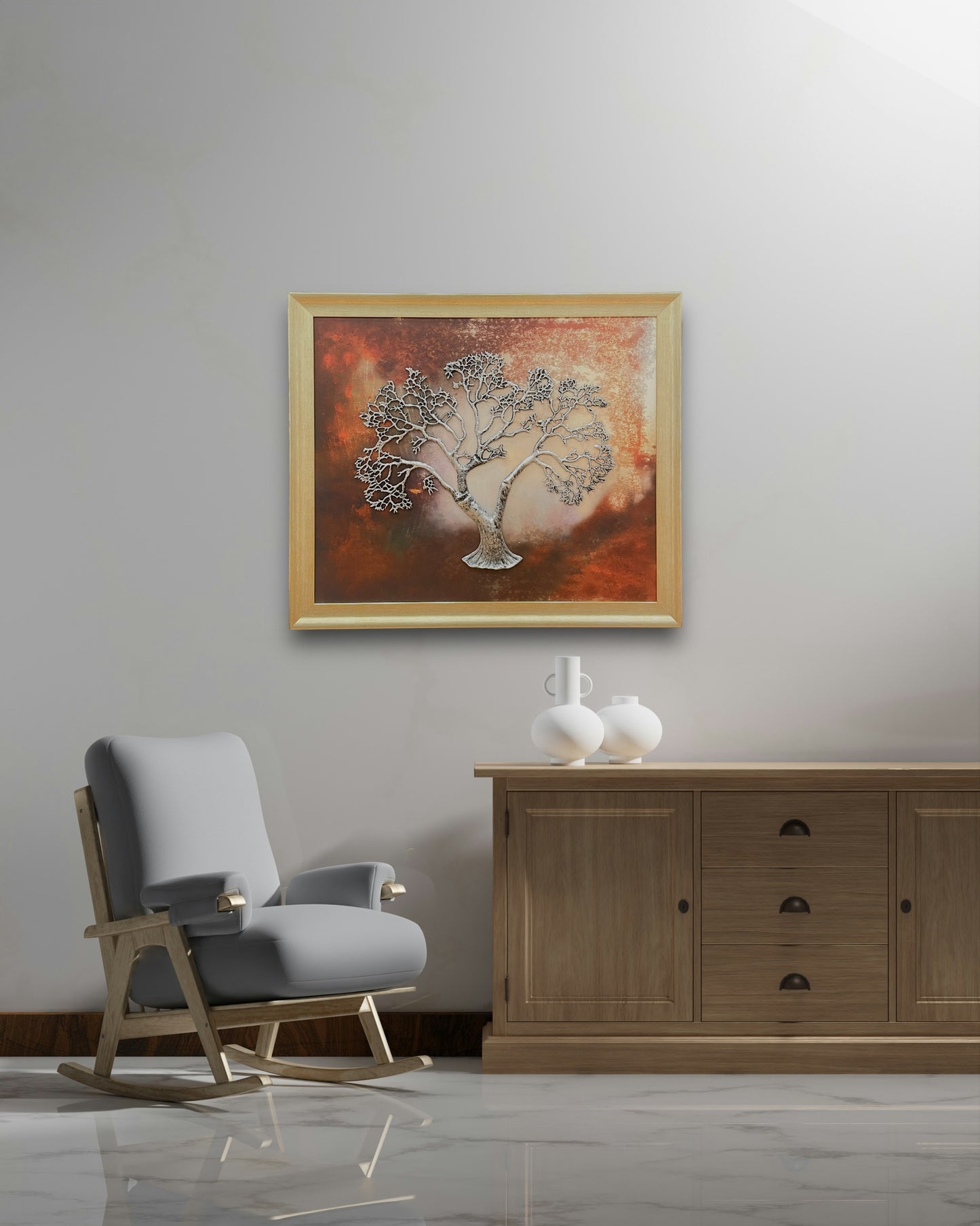 Tree of Life - Kalpavriksha with Abstract Background Antique Silver Frame, Silver Metal Kalpavriksha