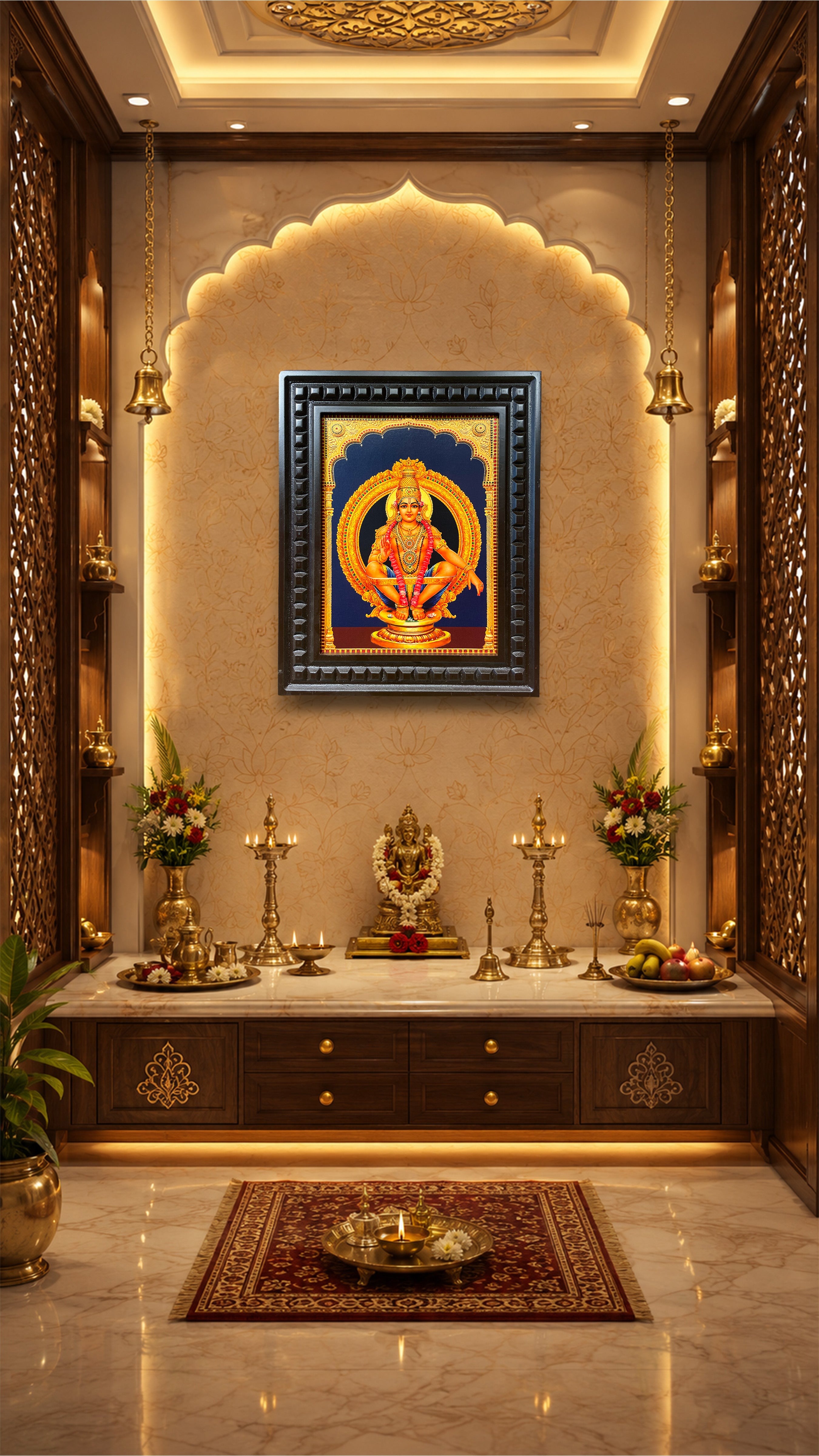 Lord Ayyappa Gold Leaf Wall Art with Premium Engineered Wooden Frame | Luxury Spiritual Wall Decor for Pooja Room | ESTUDIO
