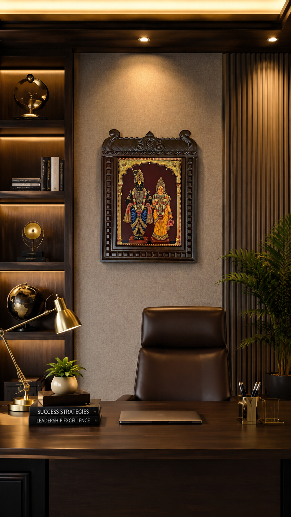 Vitthal Rukmini Gold Leaf Artwork Engineered Wood Temple Frame | Premium Wooden Wall Decor for Pooja Room | Luxury Hindu Divine Wall Art
