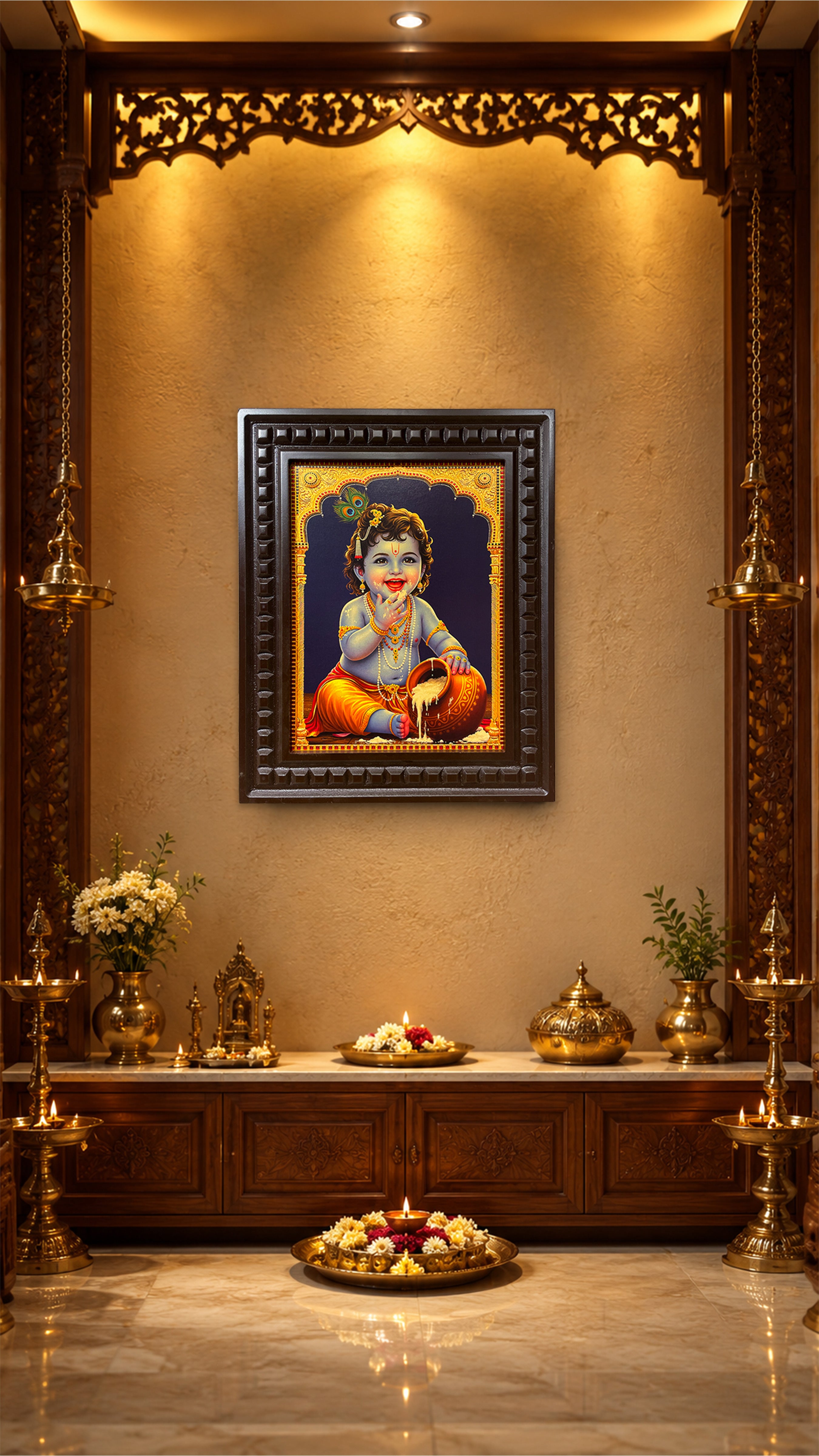 Baby Krishna Wall Art Frame | Premium Wooden Krishna Decor