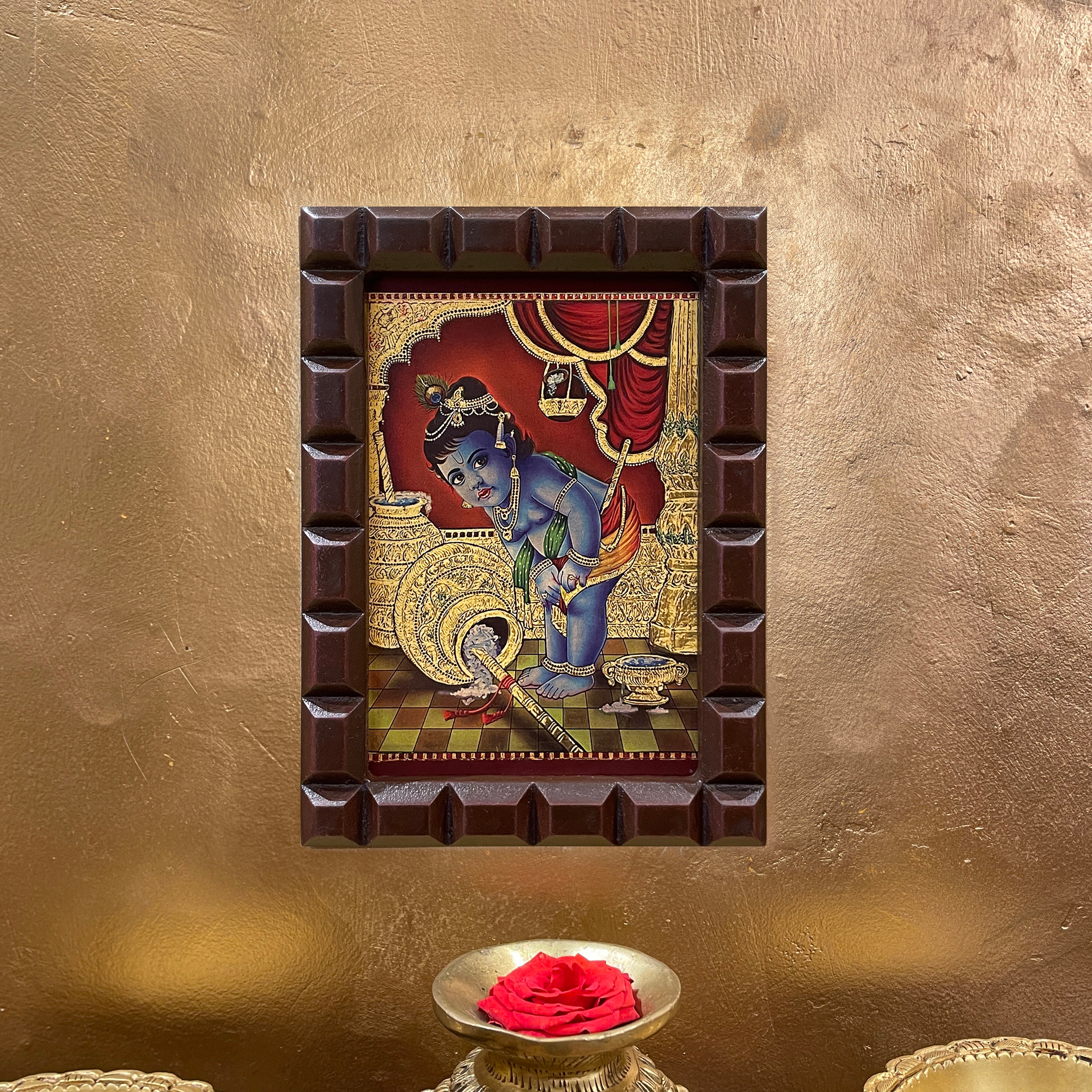 Krishna: Gold Leafed Art Baby Krishna-2 with wooden frame