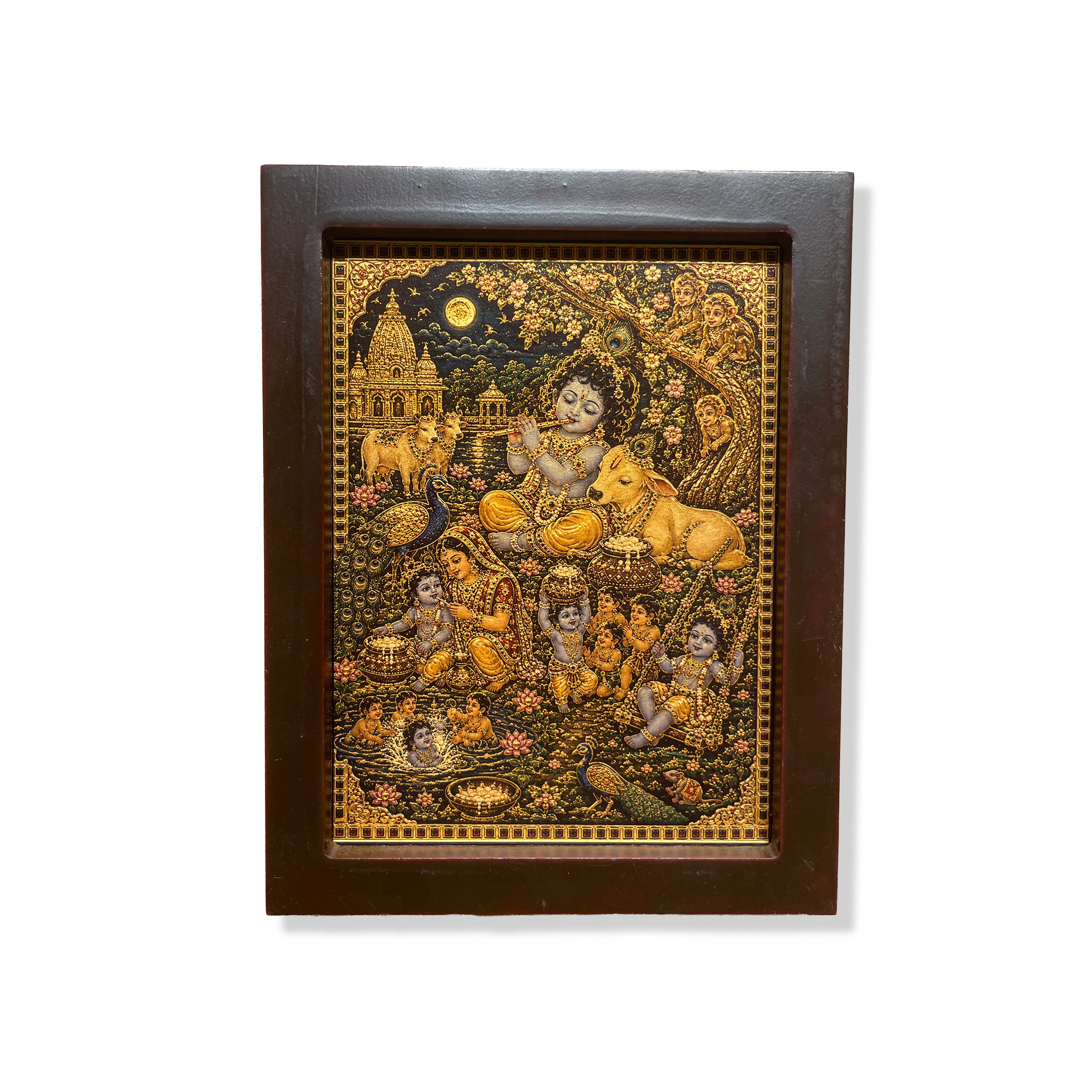 Baby Krishna with Cow – Gold Leaf Art Work | Engineered Wooden Thin Frame