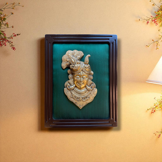 Brass Srinathji with green silk in wooden frame
