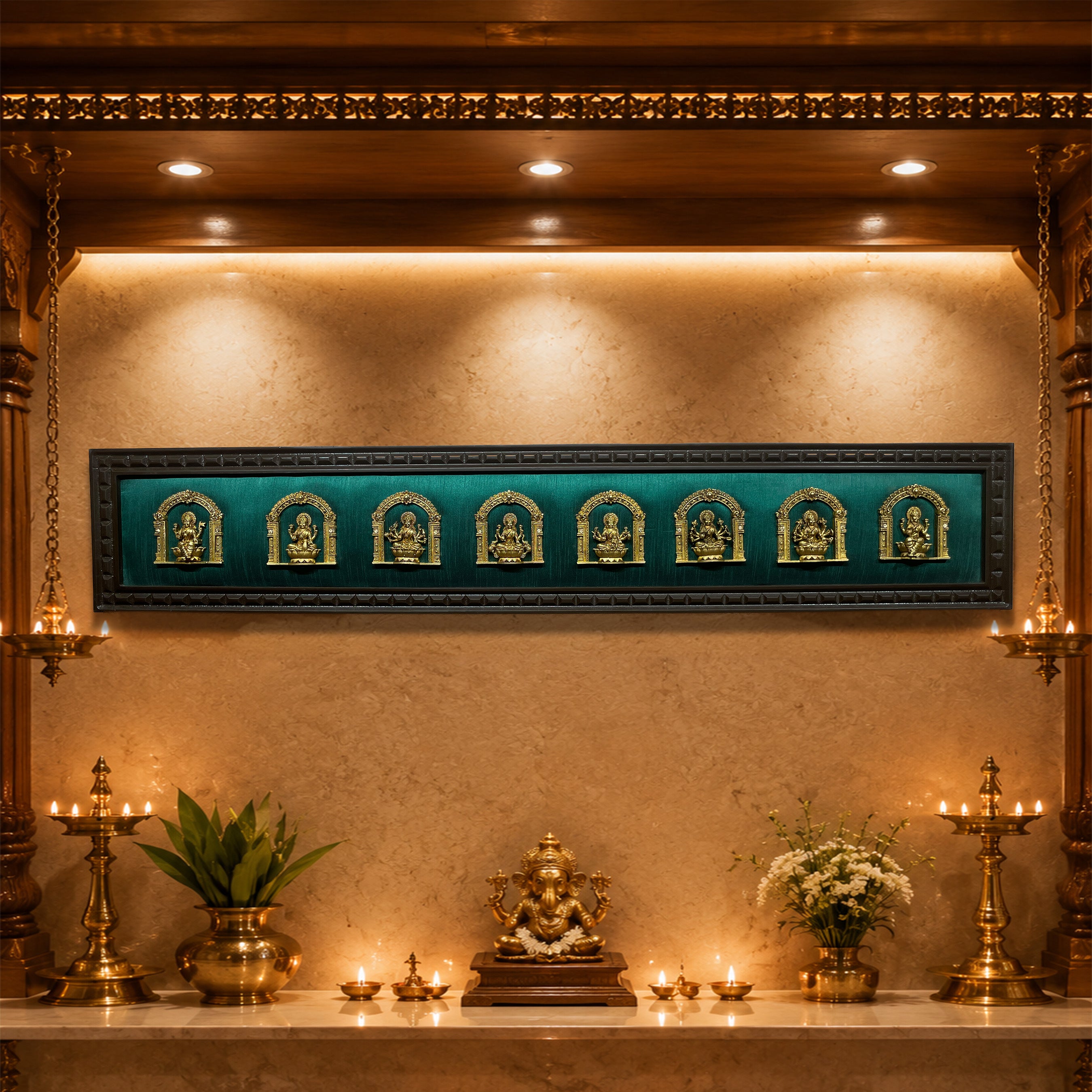 Brass Ashtalakshmi Wall Art | 8 Divine Forms of Goddess Lakshmi on Rama Green Silk