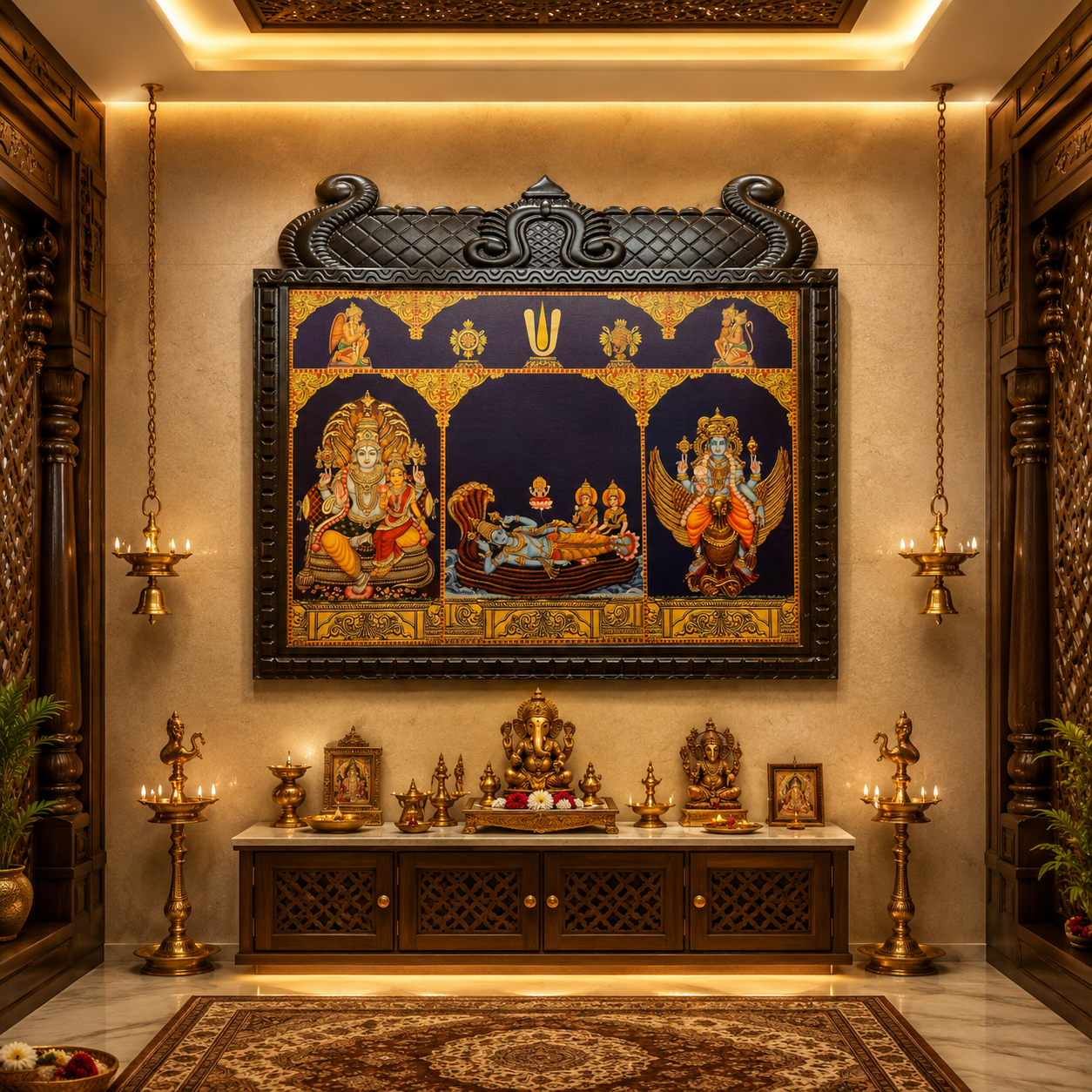 Sri Vishnu Vaibhavam – Gold Leaf Art of Vishnu & Lakshmi, Ranganathar with Sridevi & Bhudevi, and Garuda in a Temple-Engineered Wooden Frame