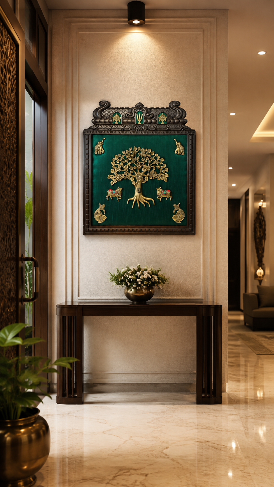 Brass Kalpavriksha Wall Art with Kamadhenu, Elephants, Shubh Labh & Vaishnava Symbols | Green Silk Backdrop | Engineered Wooden Frame | Luxury Vastu Wall Decor by ESTUDIO