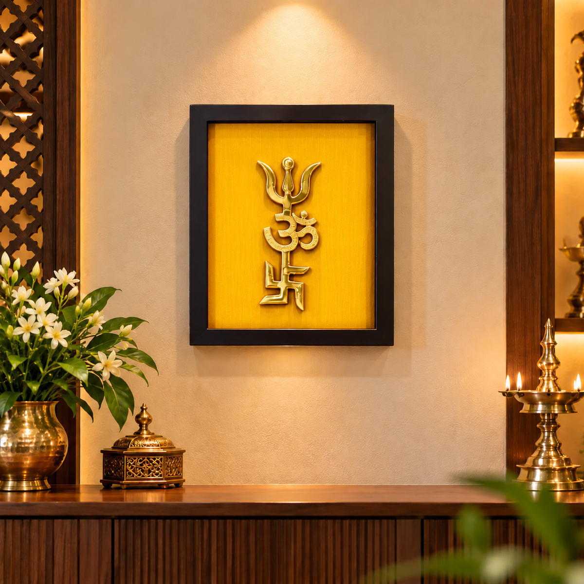 Pure Brass Om, Swastik & Trishool Wall Art | Premium Engineered Wooden Frame