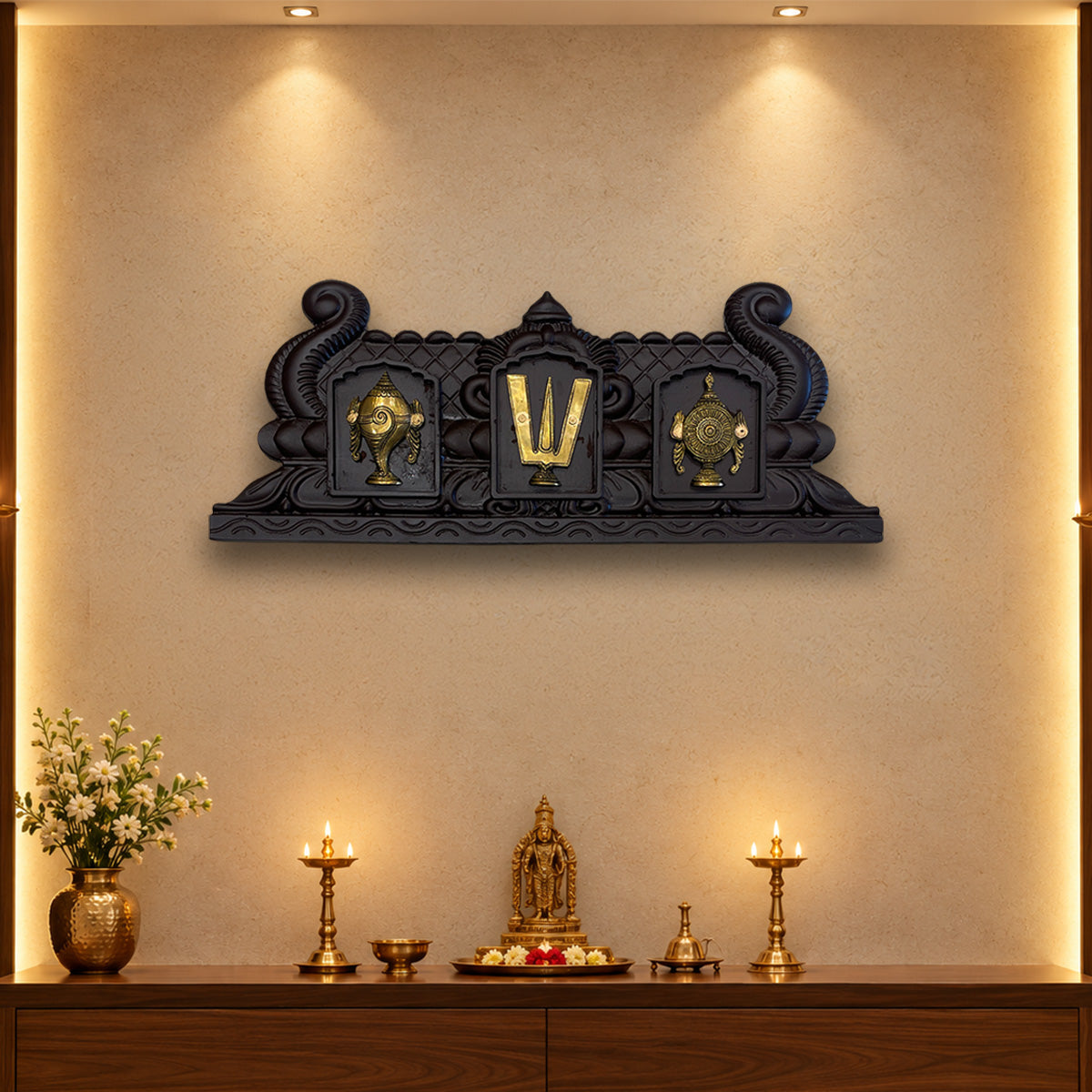 Brass Shankha Chakra Namam on Engineered Wooden Frame | Vaishnav Door Hanging | Auspicious Vastu Decor by ESTUDIO