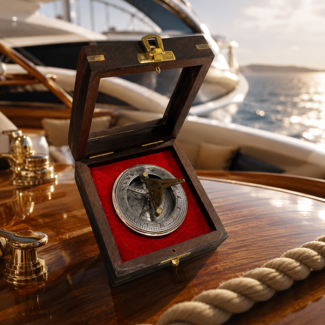 Premium Brass Nautical Sundial Compass with Wooden Display Box | Vintage Maritime Gift | Antique Navigation Instrument