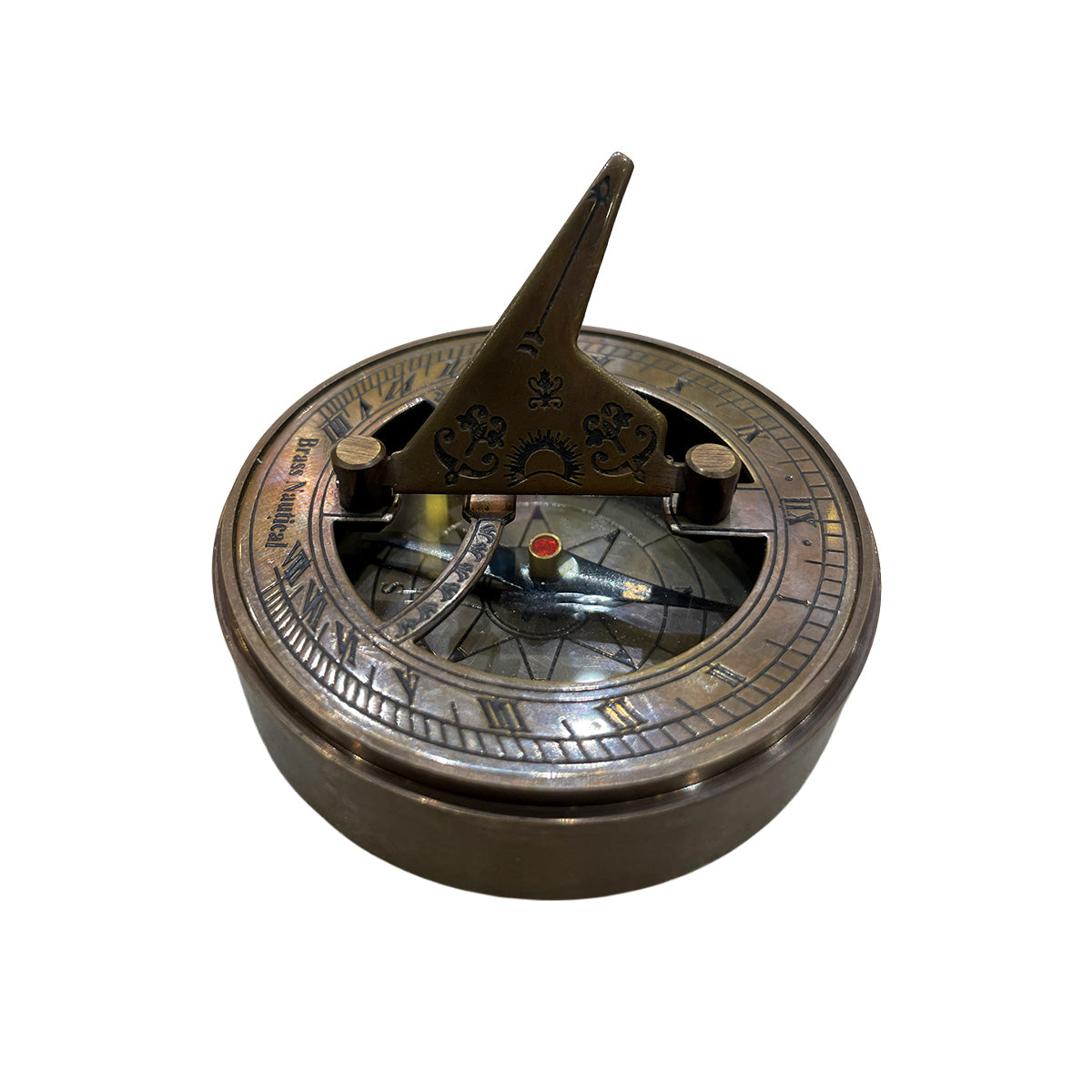 Premium Brass Nautical Sundial Compass with Wooden Display Box | Vintage Maritime Gift | Antique Navigation Instrument