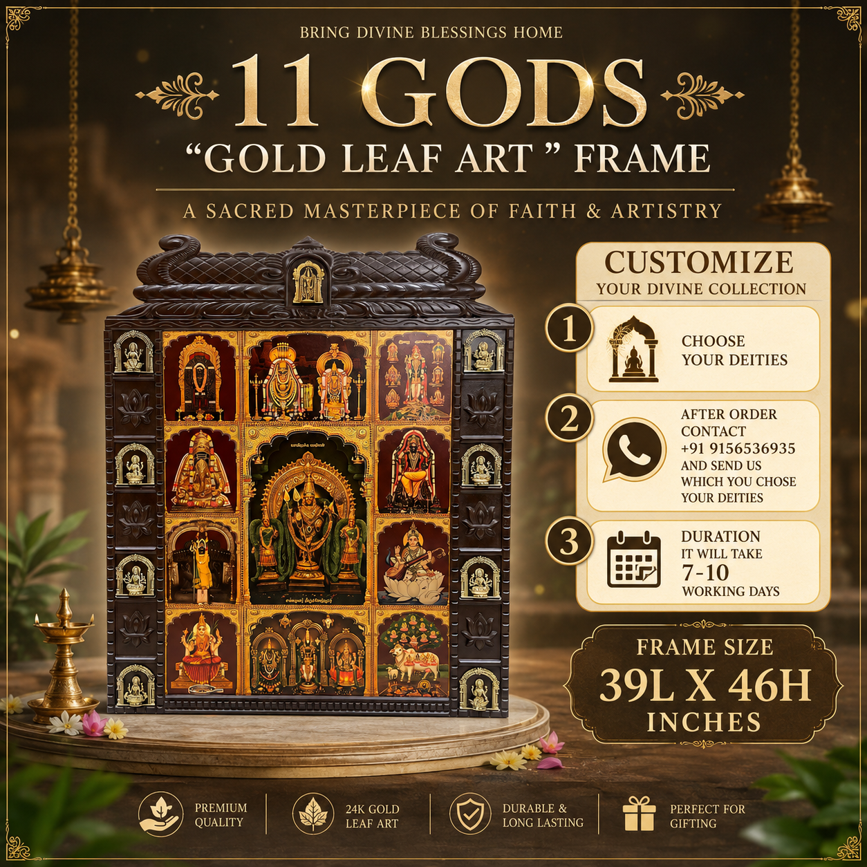 11 Deities Gold Leaf Art Frame | Spiritual Wall Decor for Home Temple