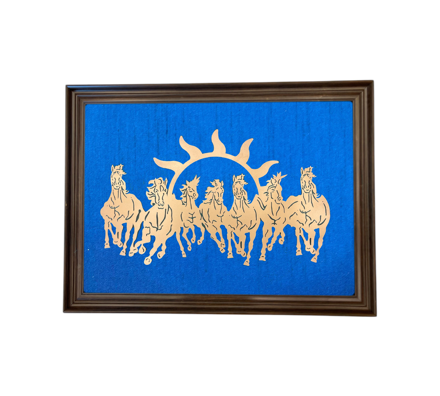 7 Running Horses with Two Tone Indigo Blue Silk in Brown Frame