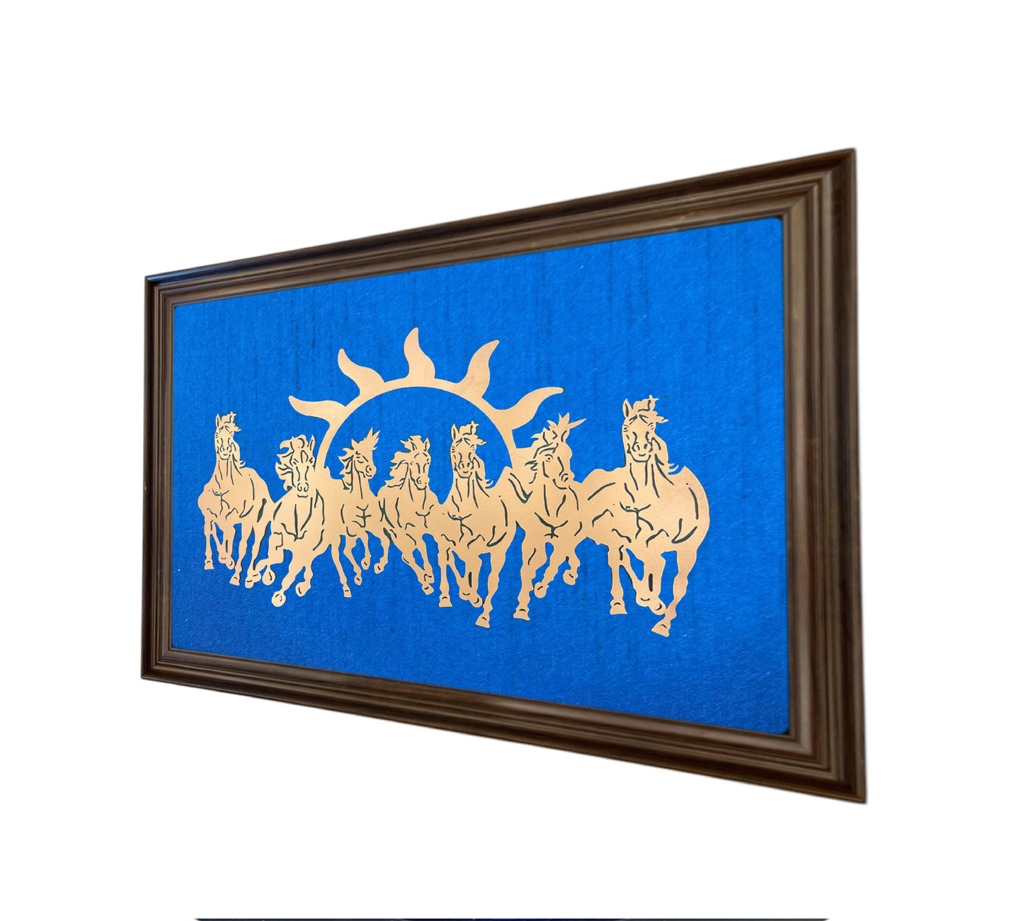 7 Running Horses with Two Tone Indigo Blue Silk in Brown Frame