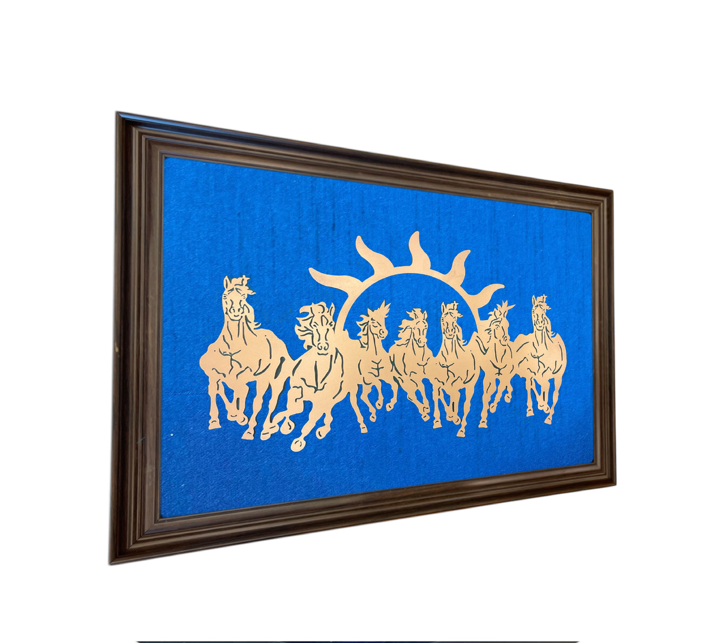 7 Running Horses with Two Tone Indigo Blue Silk in Brown Frame