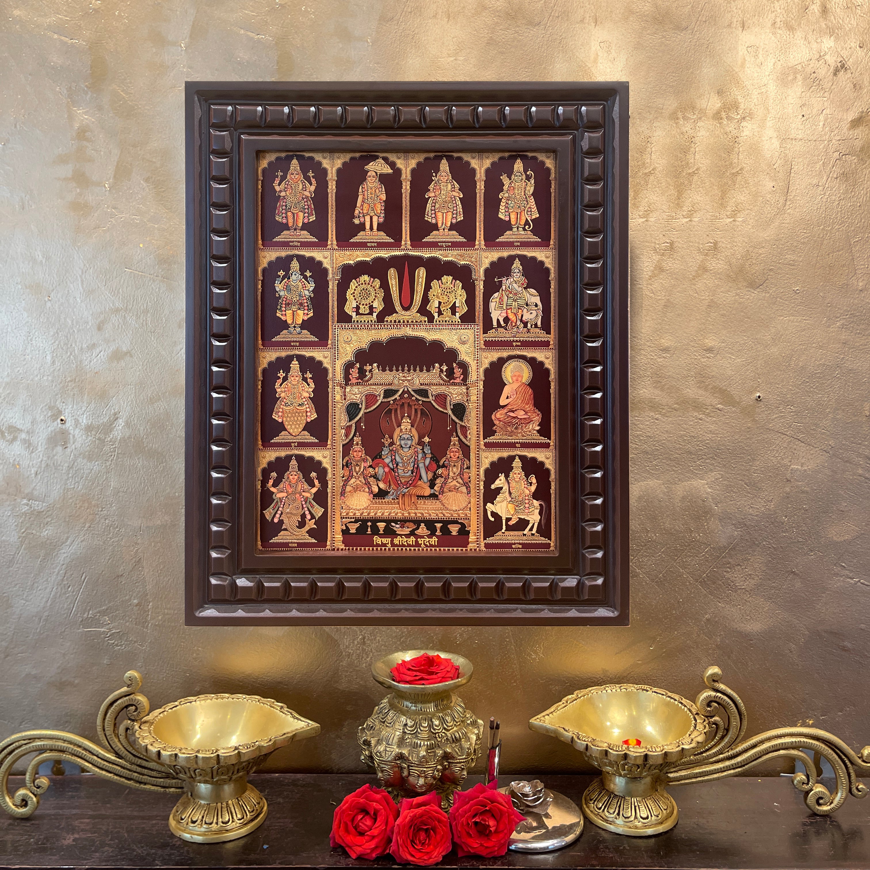 Dashavatara Vishnu Gold Leafed Art | Ten Incarnations of Lord Vishnu Wall Décor