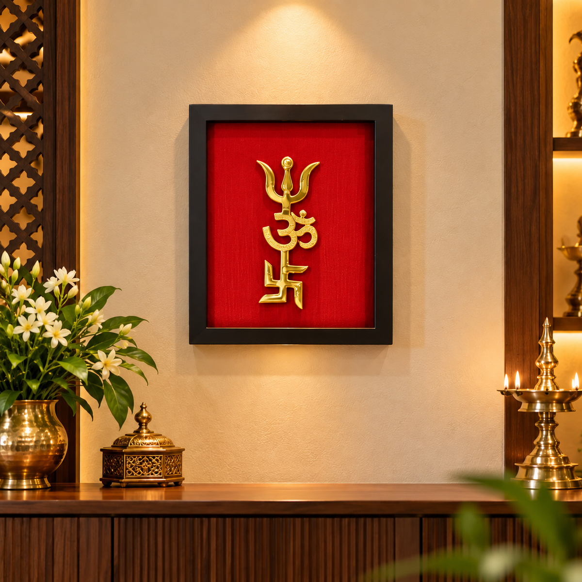 Pure Brass Om, Swastik & Trishool Wall Art | Premium Engineered Wooden Frame