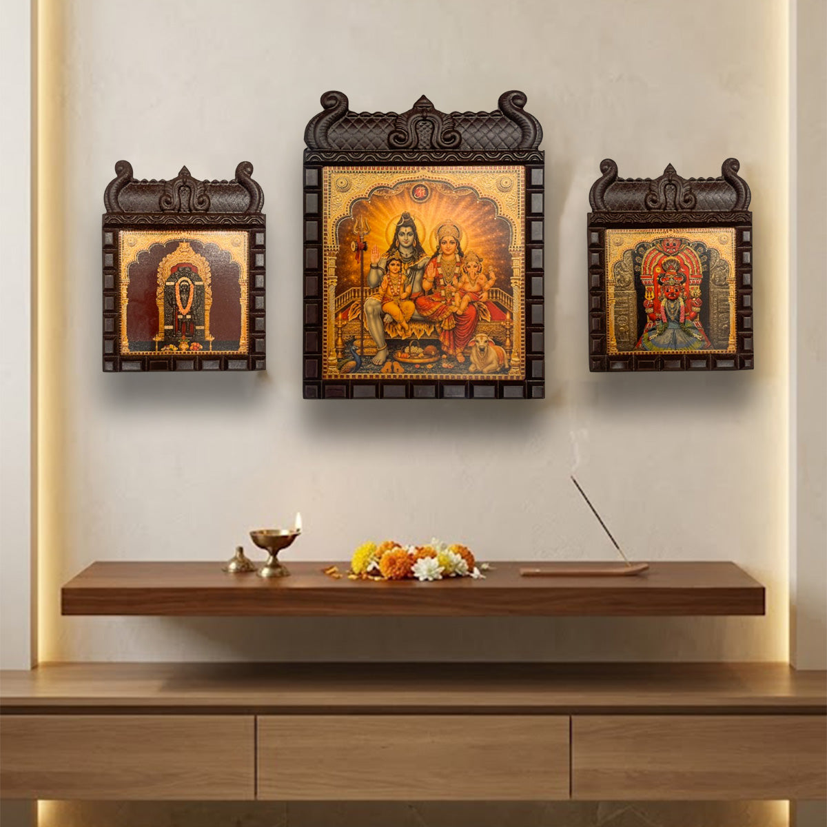 Shiv Parivar with Kala Bhairava & Dasarighatta Chowdeshwari Amman Temple Wall Frame | Premium Hindu Devotional Wall Decor | Estudio