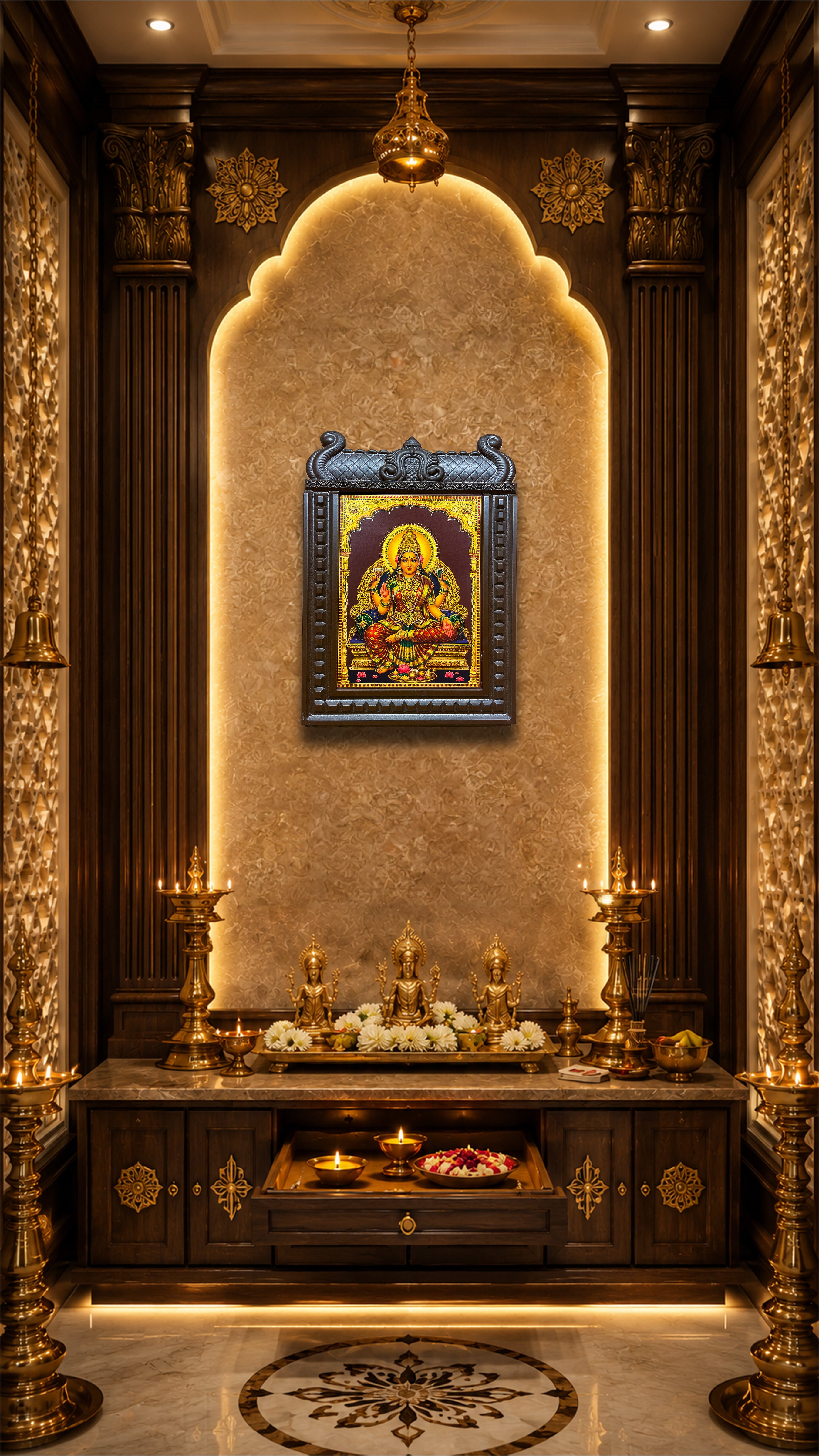 Om Sakthi Engineered Wooden Temple Frame | Premium Gold Leaf Artwork for Pooja Room | Luxury Hindu Wall Decor by ESTUDIO