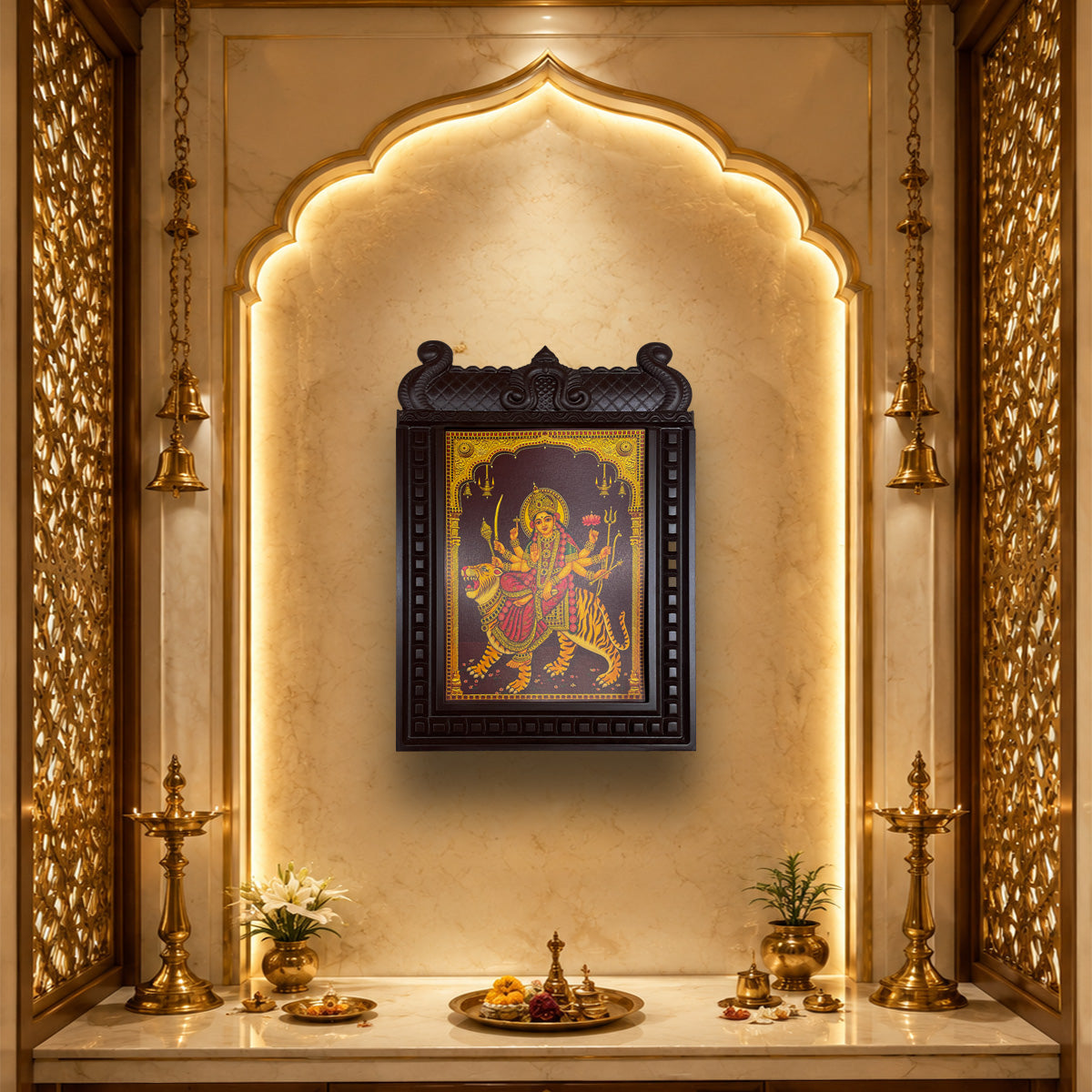 Durga Devi Temple Engineered Wooden Frame Wall Art | Premium Hindu Pooja Room Decor | Luxury Devotional Wall Frame by ESTUDIO