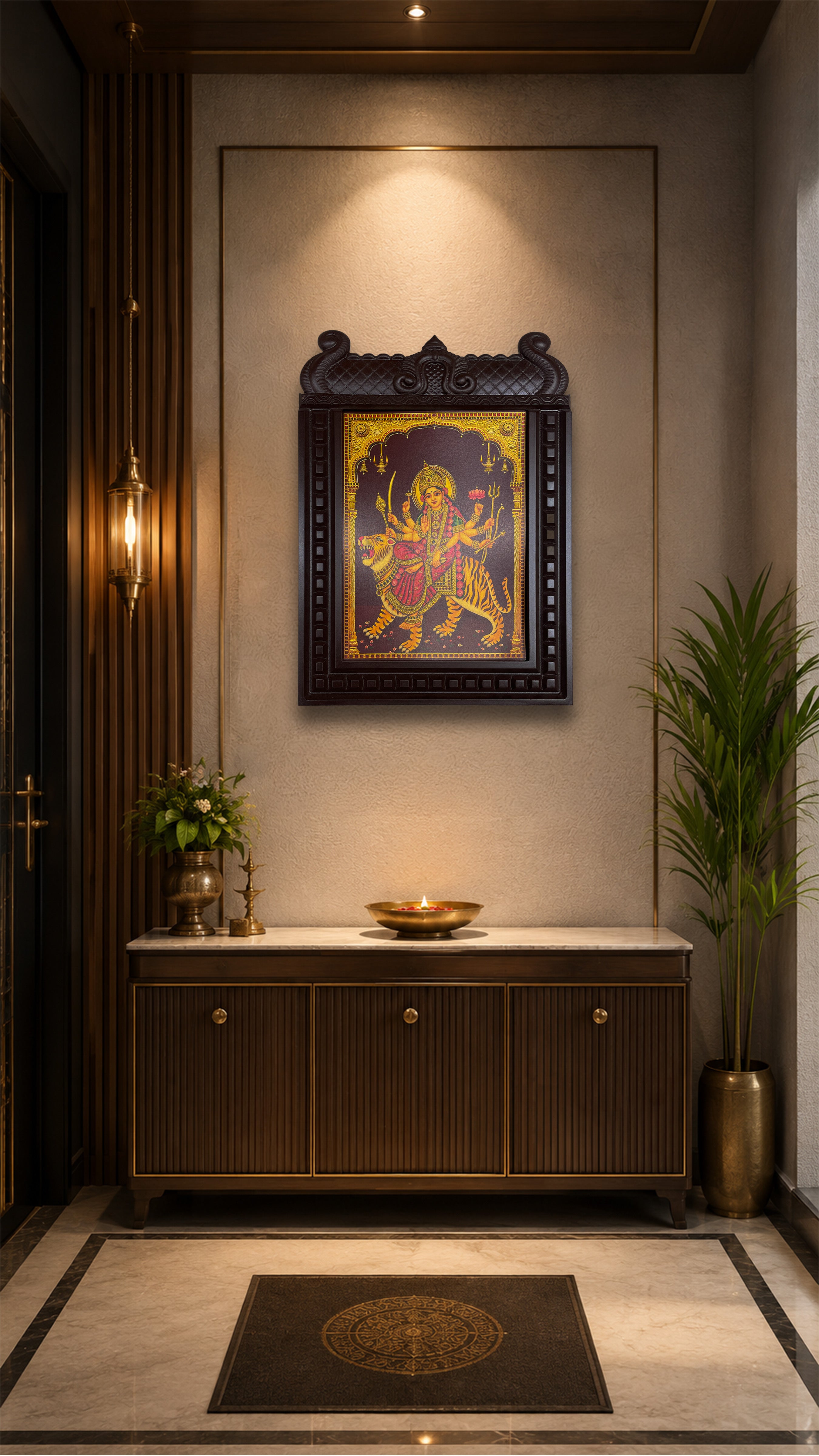 Durga Devi Temple Engineered Wooden Frame Wall Art | Premium Hindu Pooja Room Decor | Luxury Devotional Wall Frame by ESTUDIO