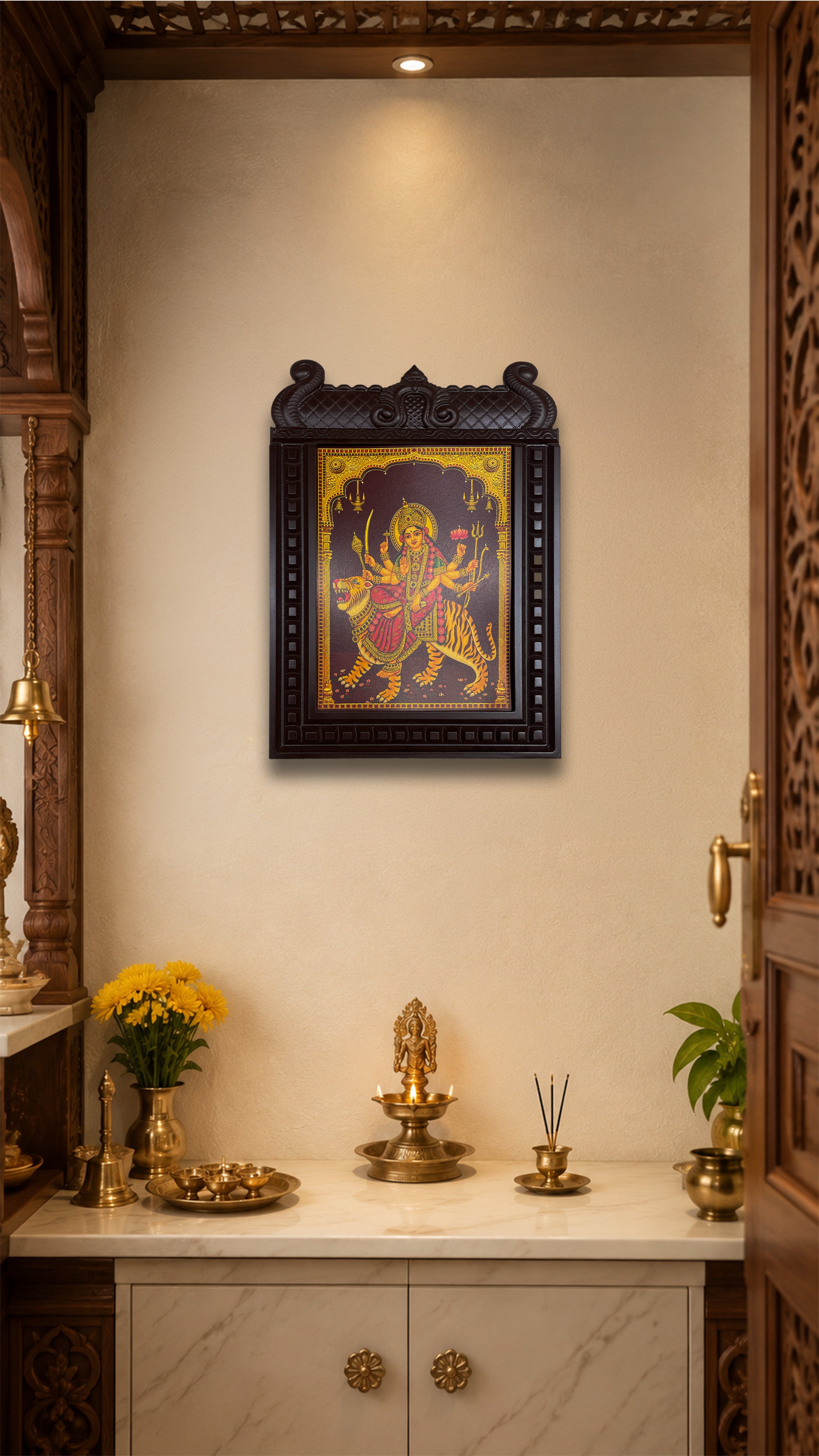 Durga Devi Temple Engineered Wooden Frame Wall Art | Premium Hindu Pooja Room Decor | Luxury Devotional Wall Frame by ESTUDIO