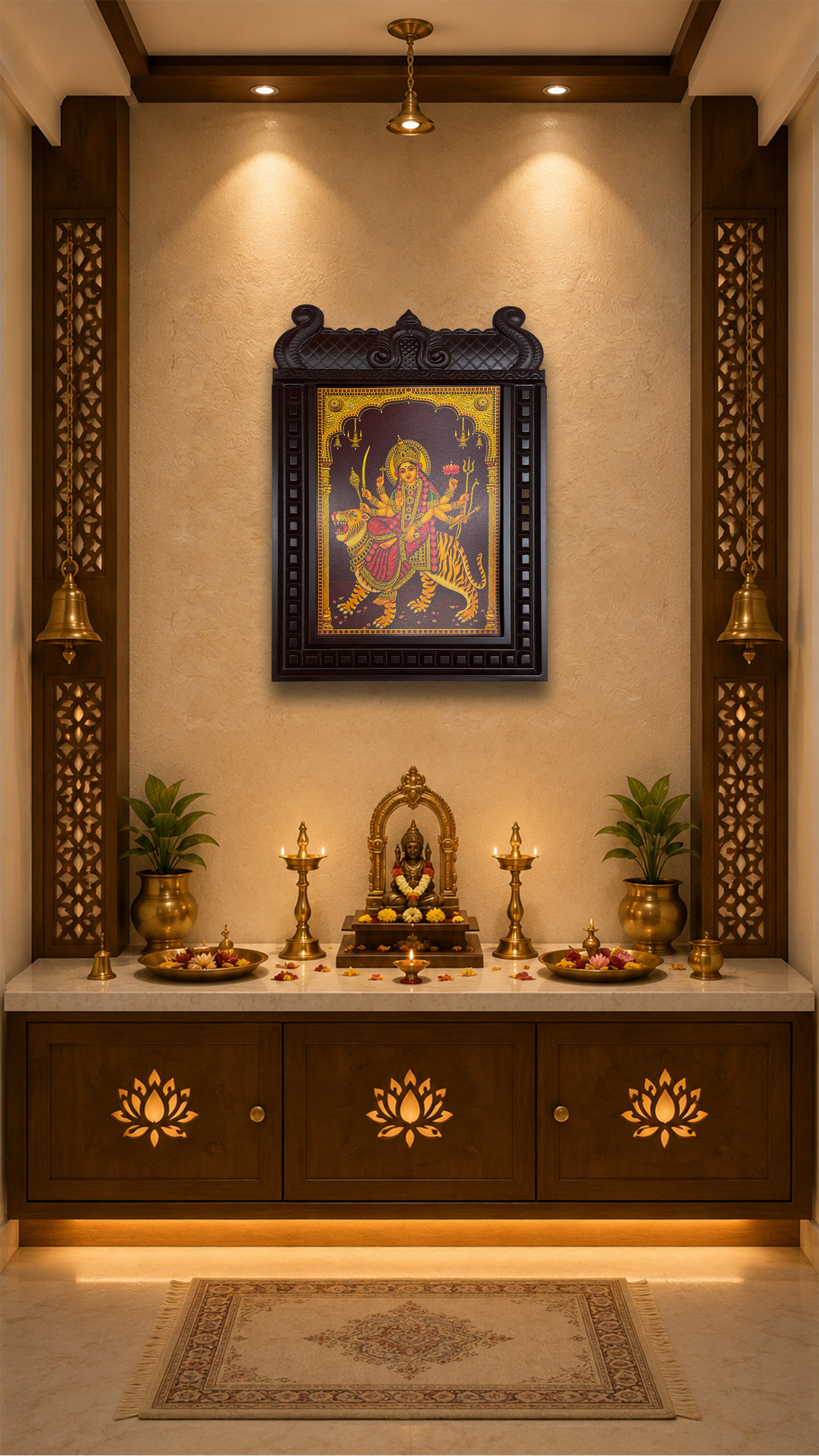 Durga Devi Temple Engineered Wooden Frame Wall Art | Premium Hindu Pooja Room Decor | Luxury Devotional Wall Frame by ESTUDIO