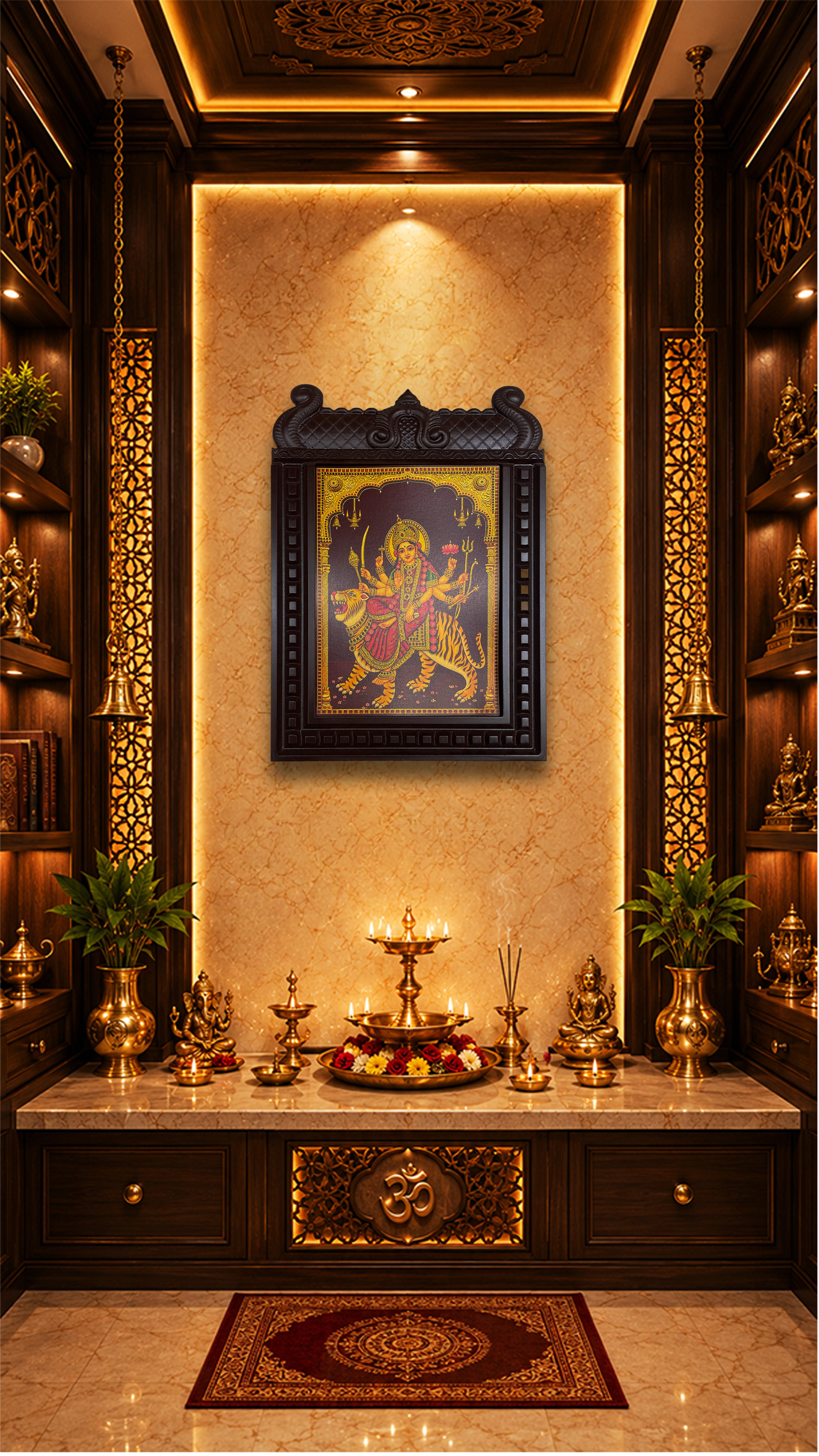 Durga Devi Temple Engineered Wooden Frame Wall Art | Premium Hindu Pooja Room Decor | Luxury Devotional Wall Frame by ESTUDIO