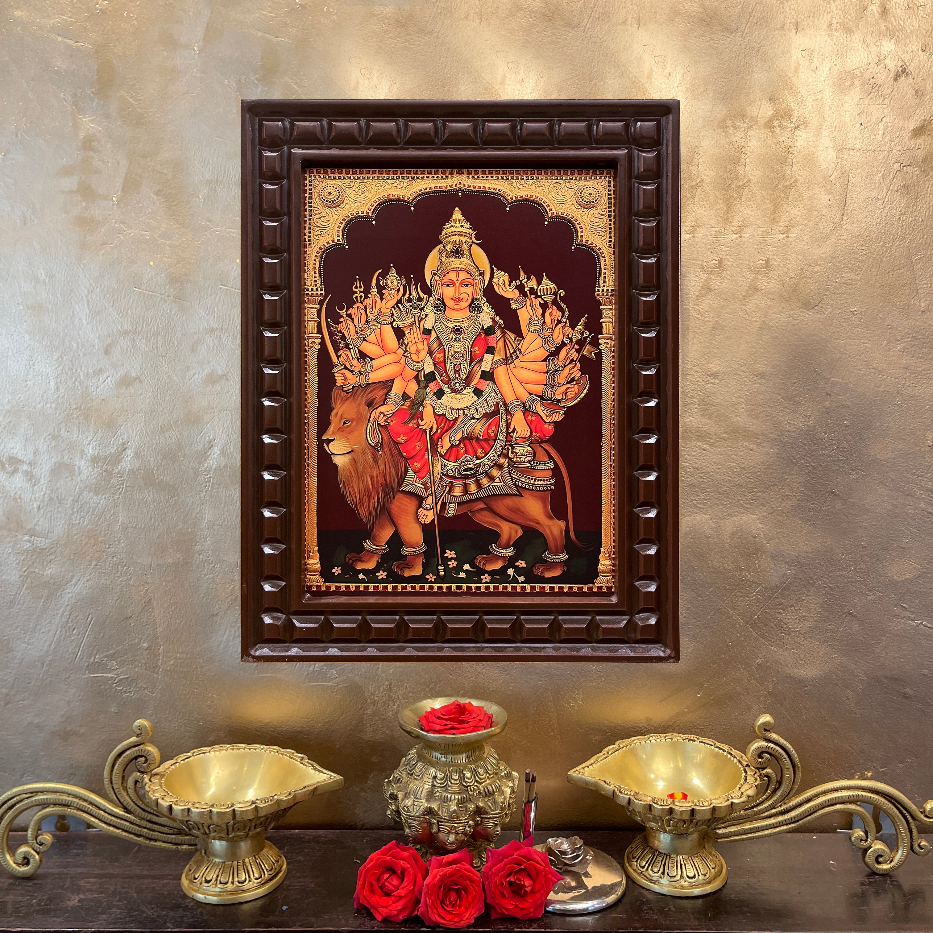 Gold Leafed Durga Devi in Wooden Frame