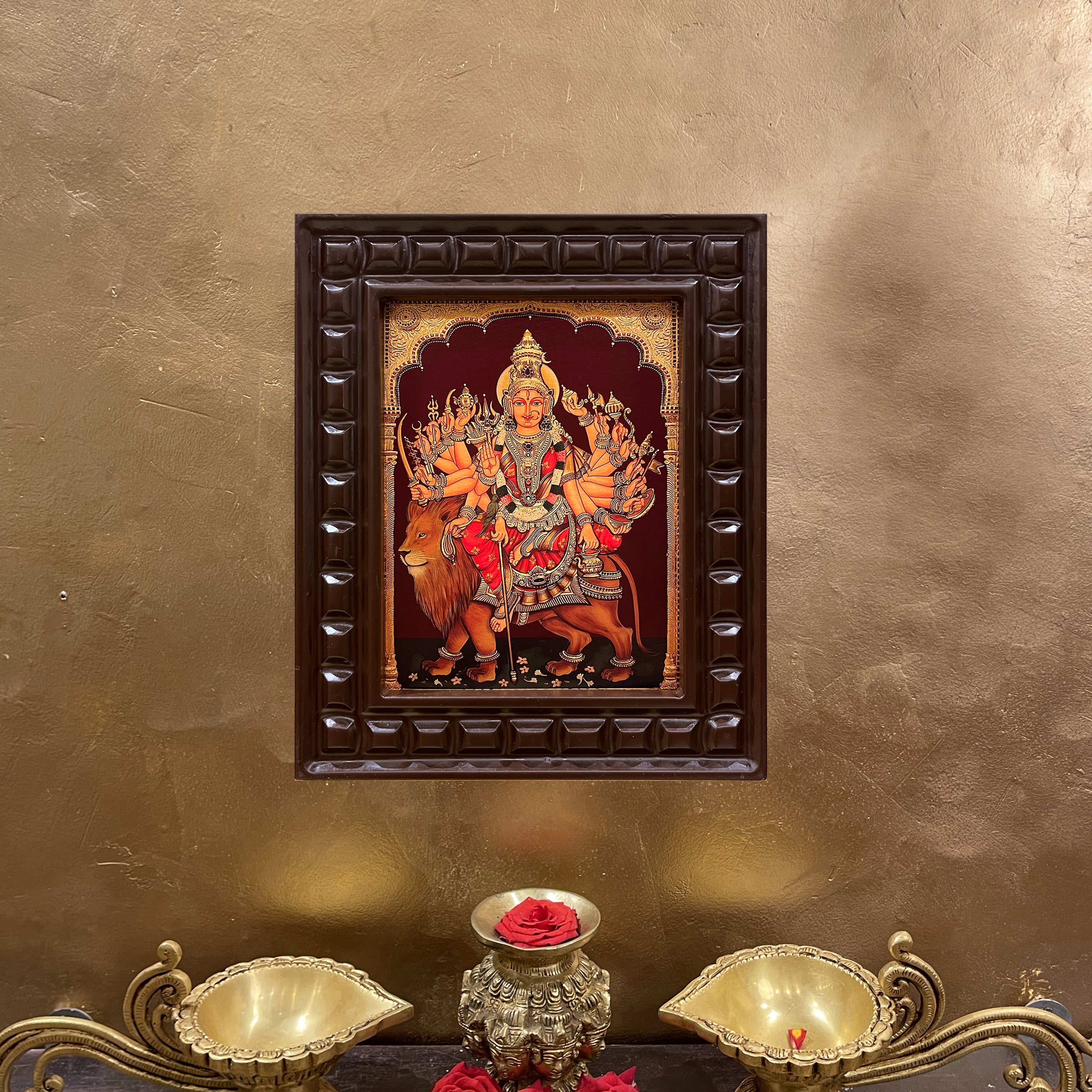Gold Leafed Durga Devi in Wooden Frame