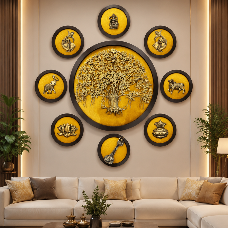 Brass Kalpavriksha Wall Art with 8 Traditional Elements  ESTUDIO
