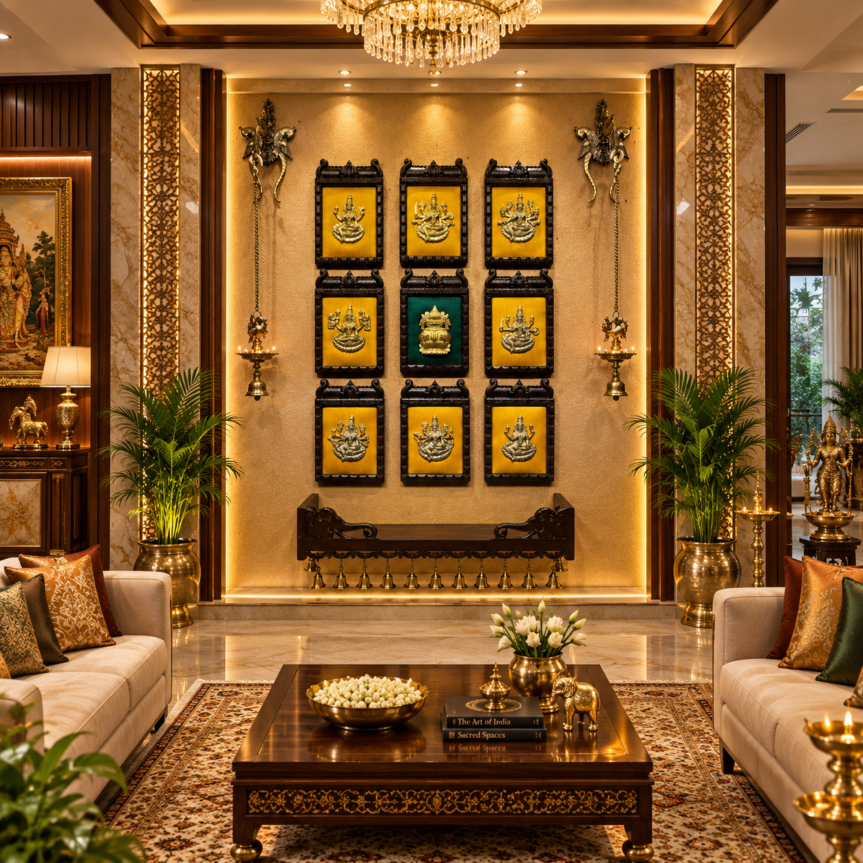 Brass Asthalakshmi 9 Frame Wall Art with Diya Bell Pair & Elephant Rosewood Stand | Estudio