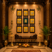 Brass Asthalakshmi 9 Frame Wall Art with Diya Bell Pair & Elephant Rosewood Stand | Estudio