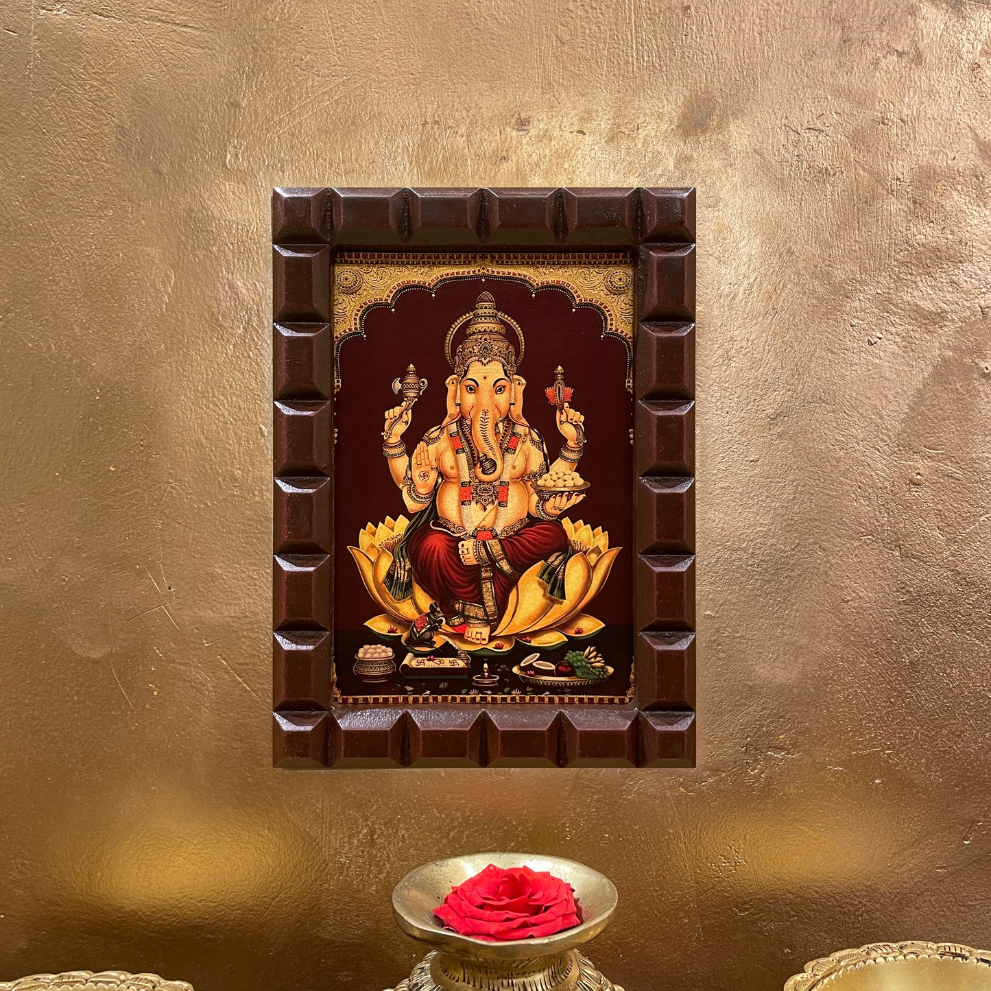 Gold Leafed Lord Ganesha on Lotus in Wooden Frame