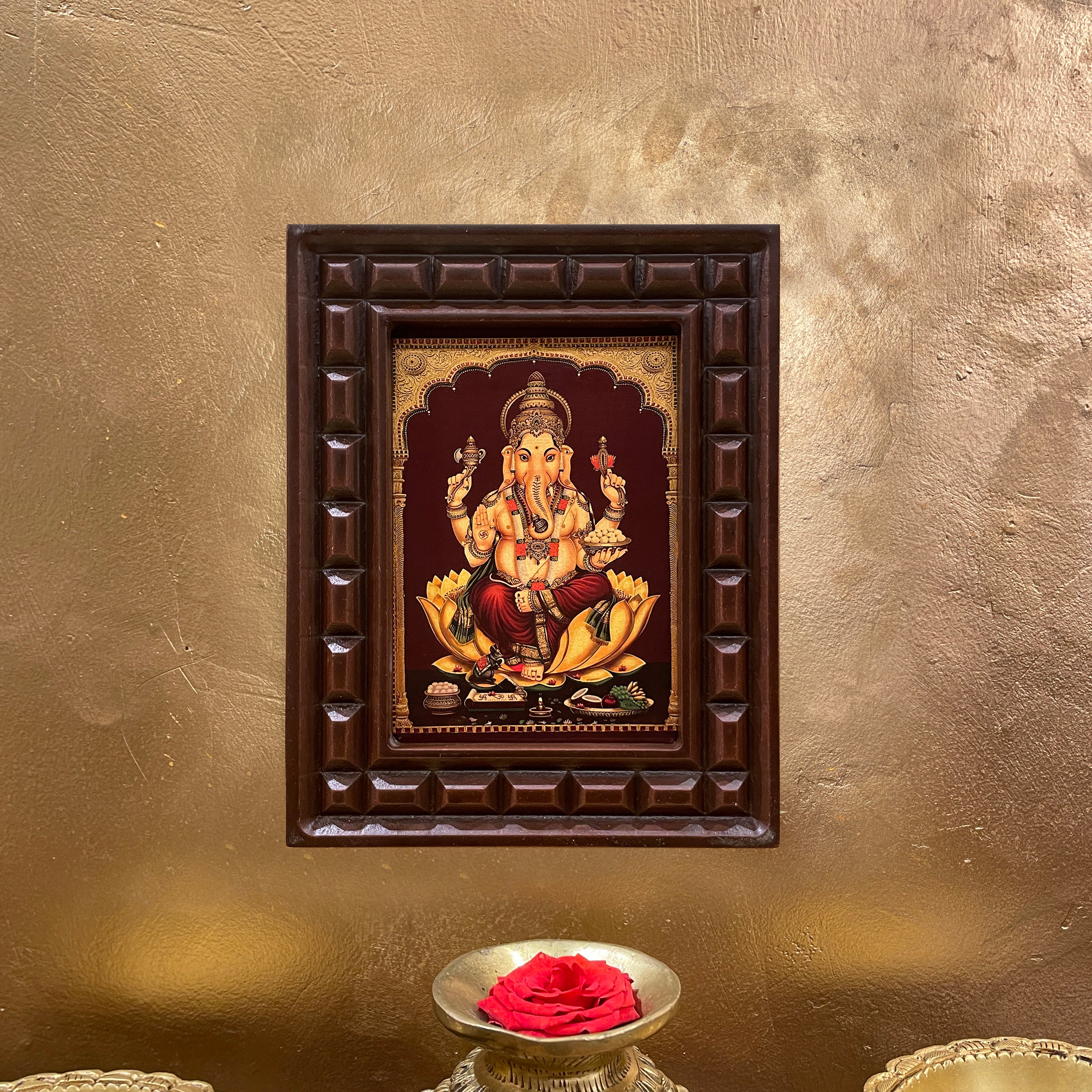 Shri Ganesha on Lotus Gold Leafed Artwork with Polished Engineered Wooden Frame