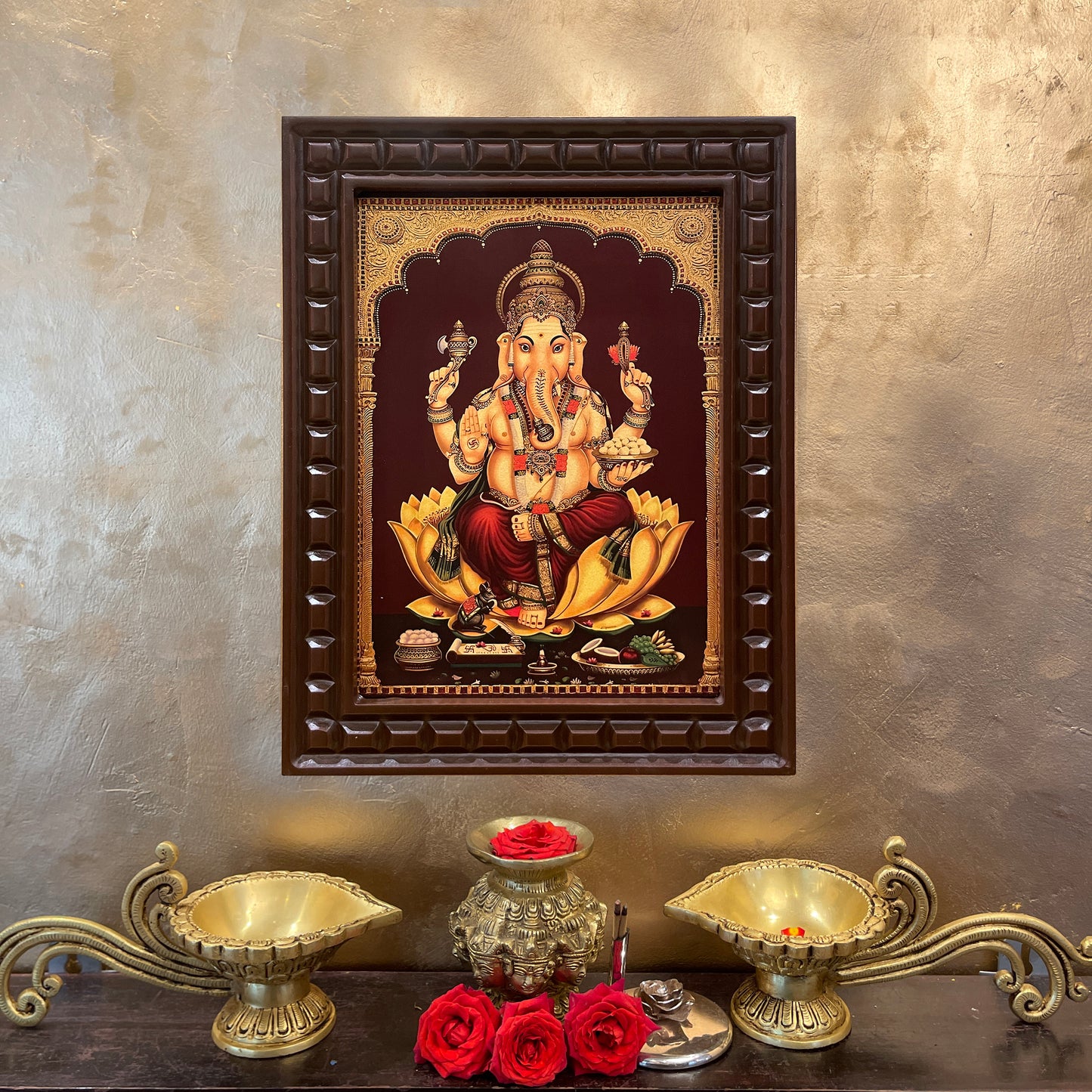 Gold Leafed Lord Ganesha on Lotus in Wooden Frame