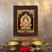Shree Ganesha Gold Leafed Art With Wooden Frame