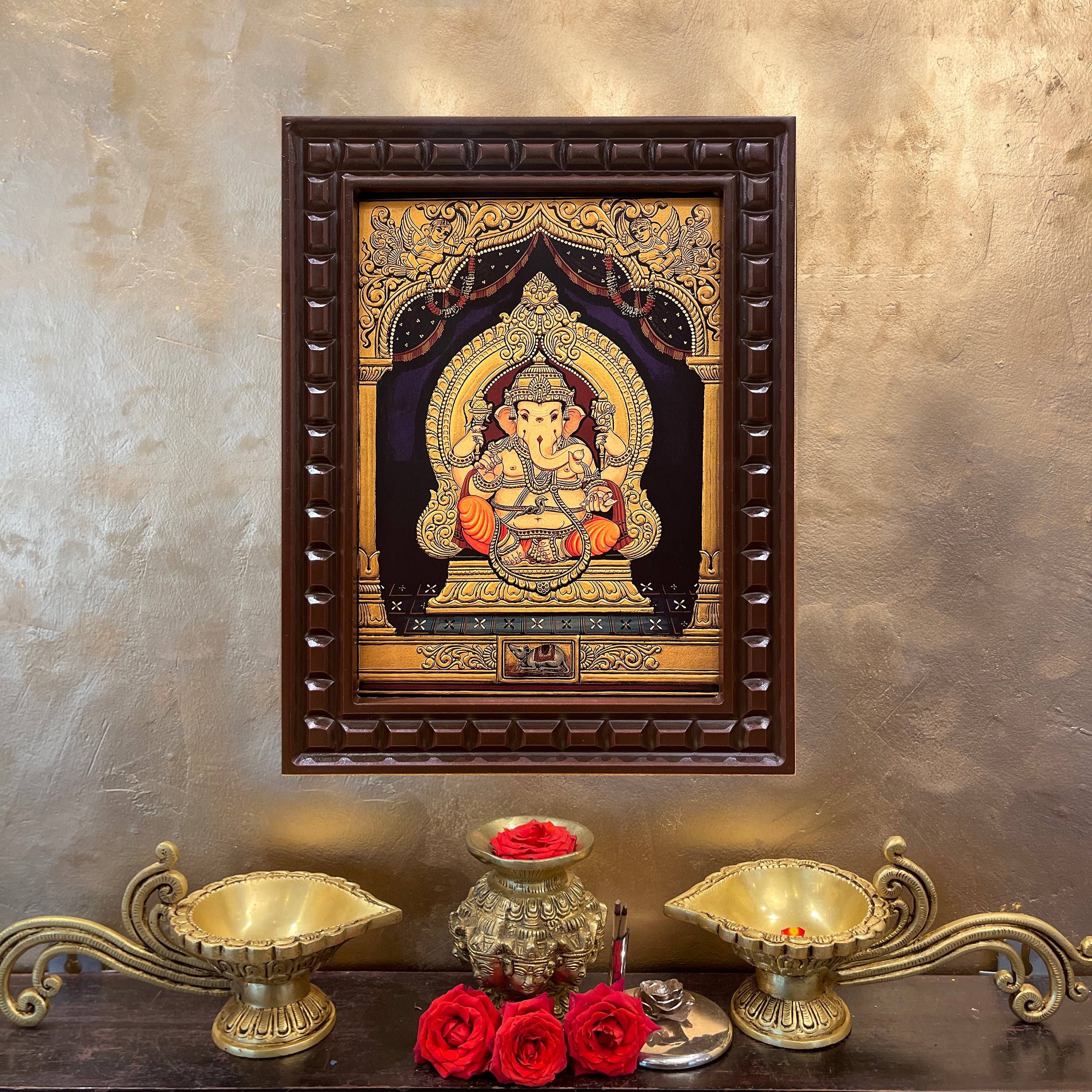 Shree Ganesha Gold Leafed Art With Wooden Frame