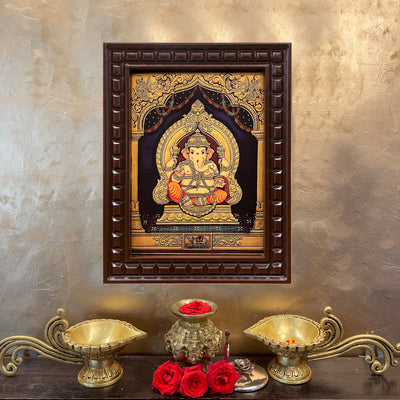 Shree Ganesha Gold Leafed Art With Wooden Frame