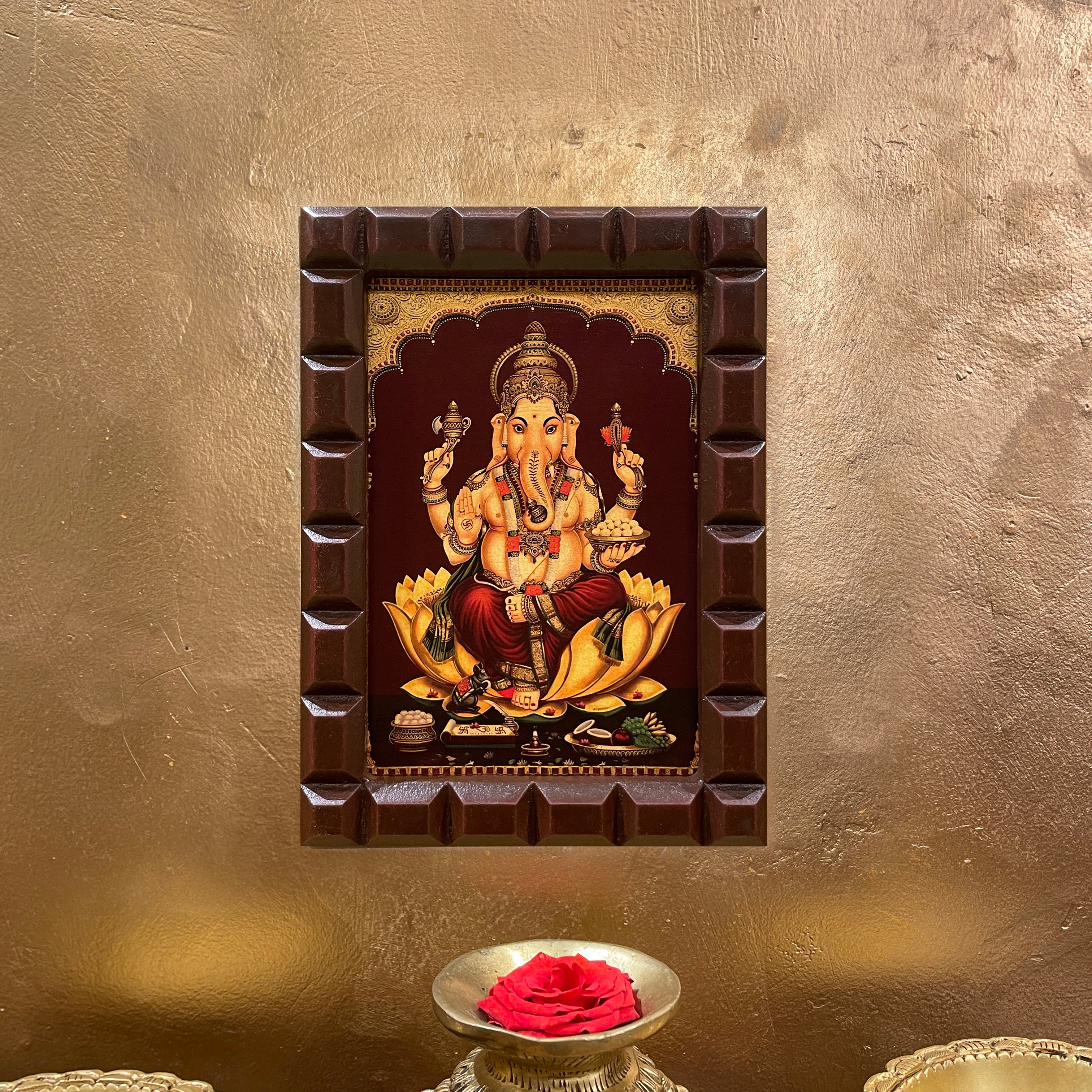 Shri Ganesha on Lotus Gold Leafed Artwork with Polished Engineered Wooden Frame