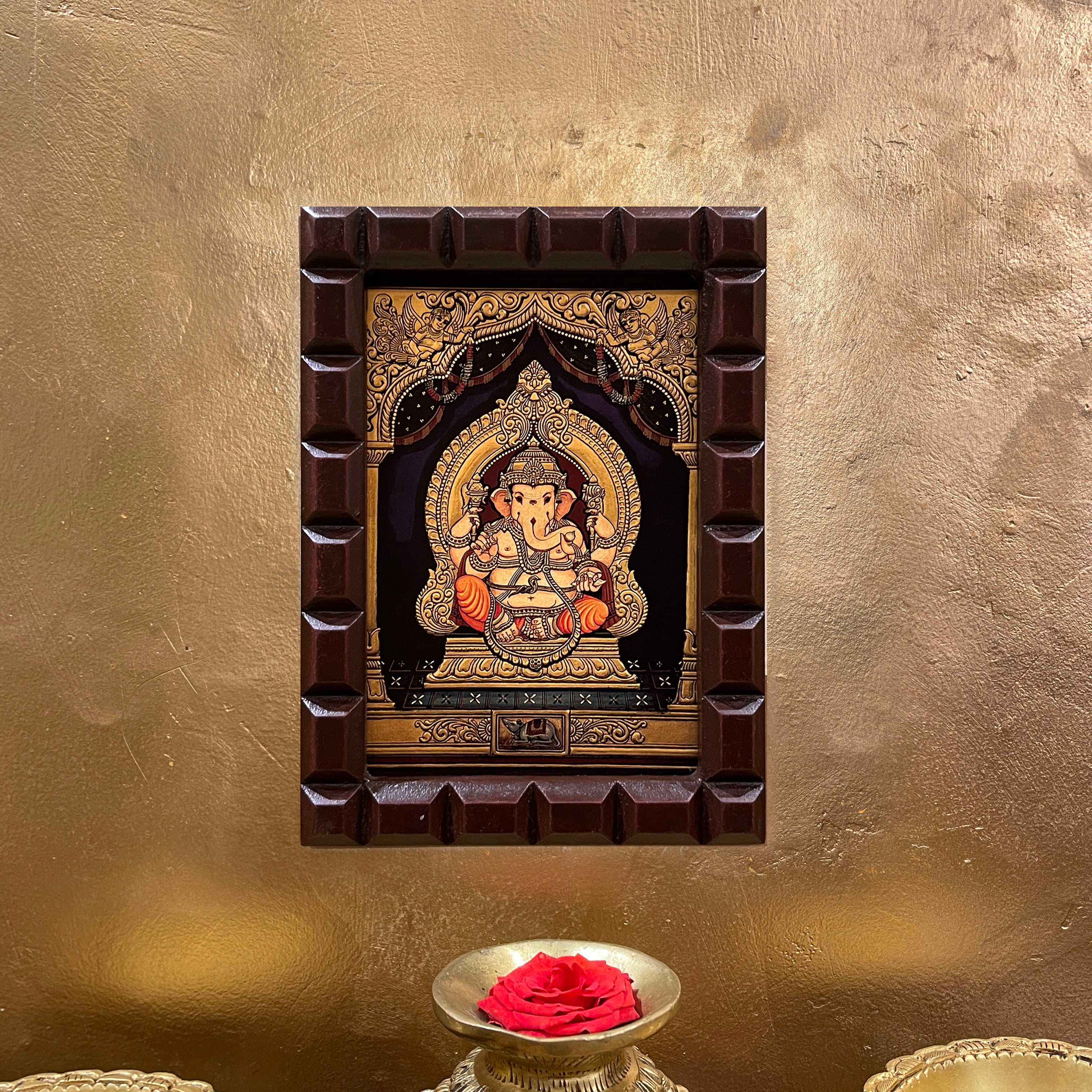 Shree Ganesha Gold Leafed Art With Wooden Frame