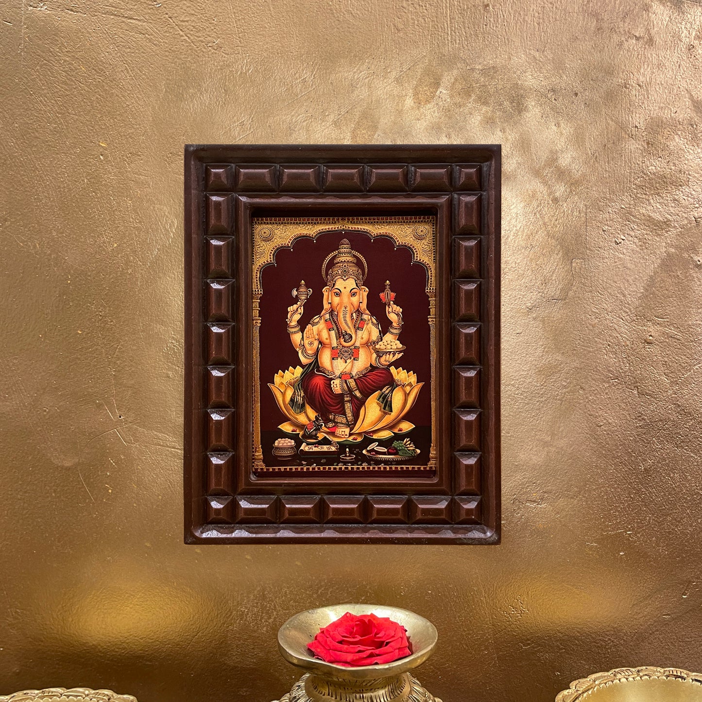 Gold Leafed Lord Ganesha on Lotus in Wooden Frame