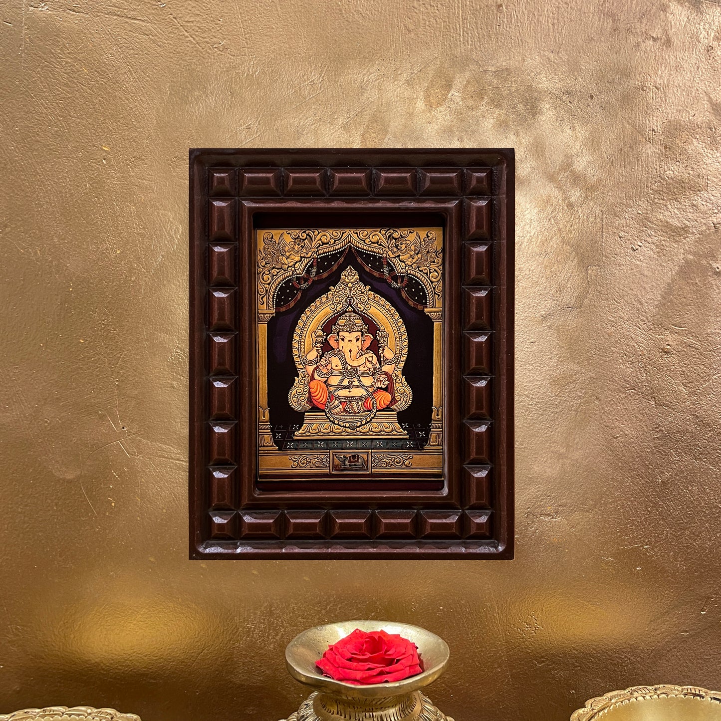 Shree Ganesha Gold Leafed Art With Wooden Frame