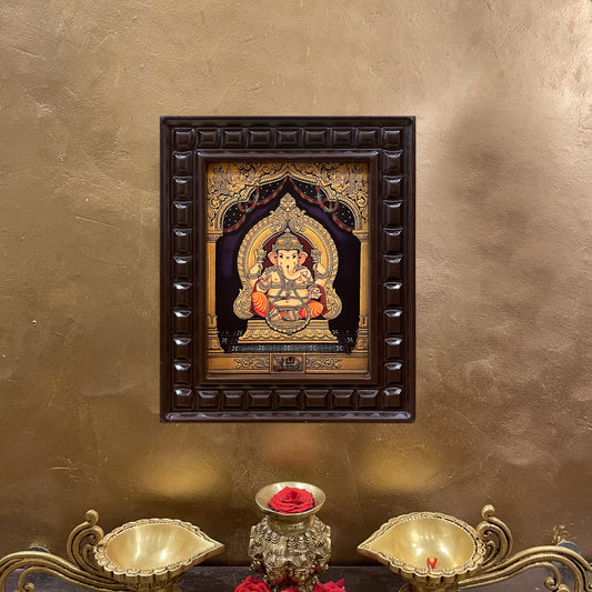 Shree Ganesha Gold Leafed Art With Wooden Frame