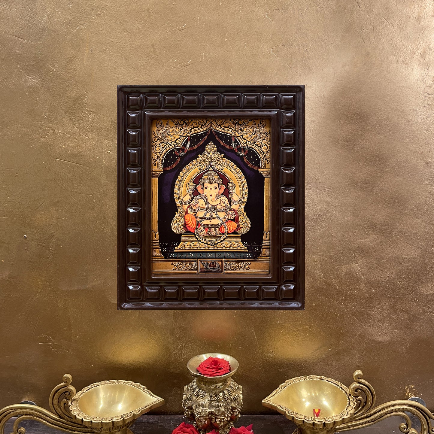 Shree Ganesha Gold Leafed Art With Wooden Frame