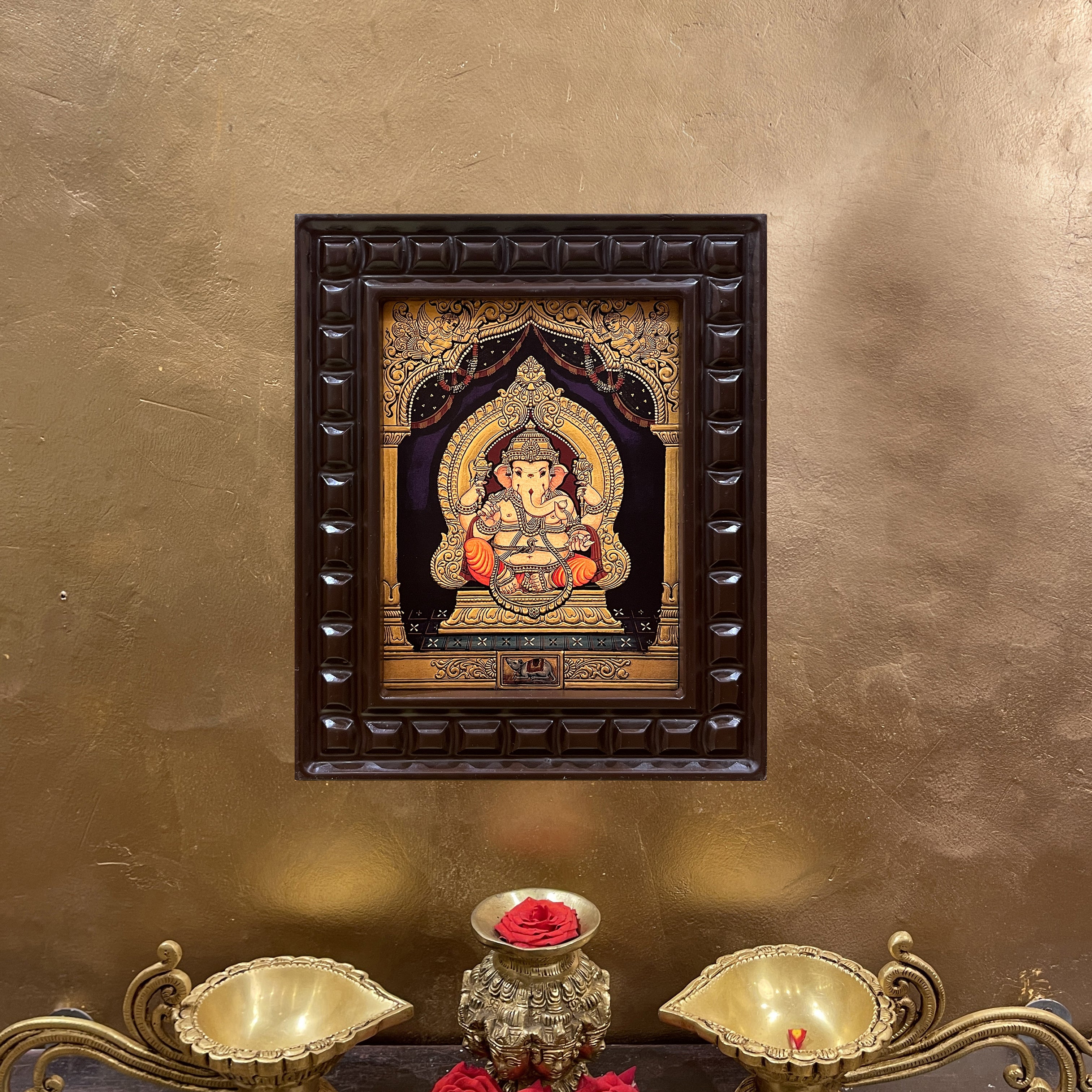 Shree Ganesha Gold Leafed Art With Wooden Frame