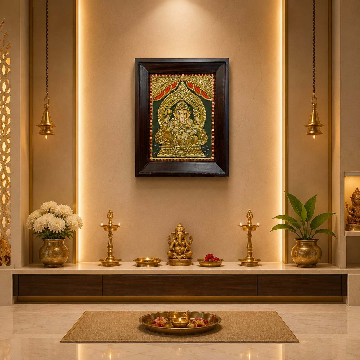 Lord Ganesha Tanjore Painting | Rosewood Frame | Luxury Pooja Room Wall Art