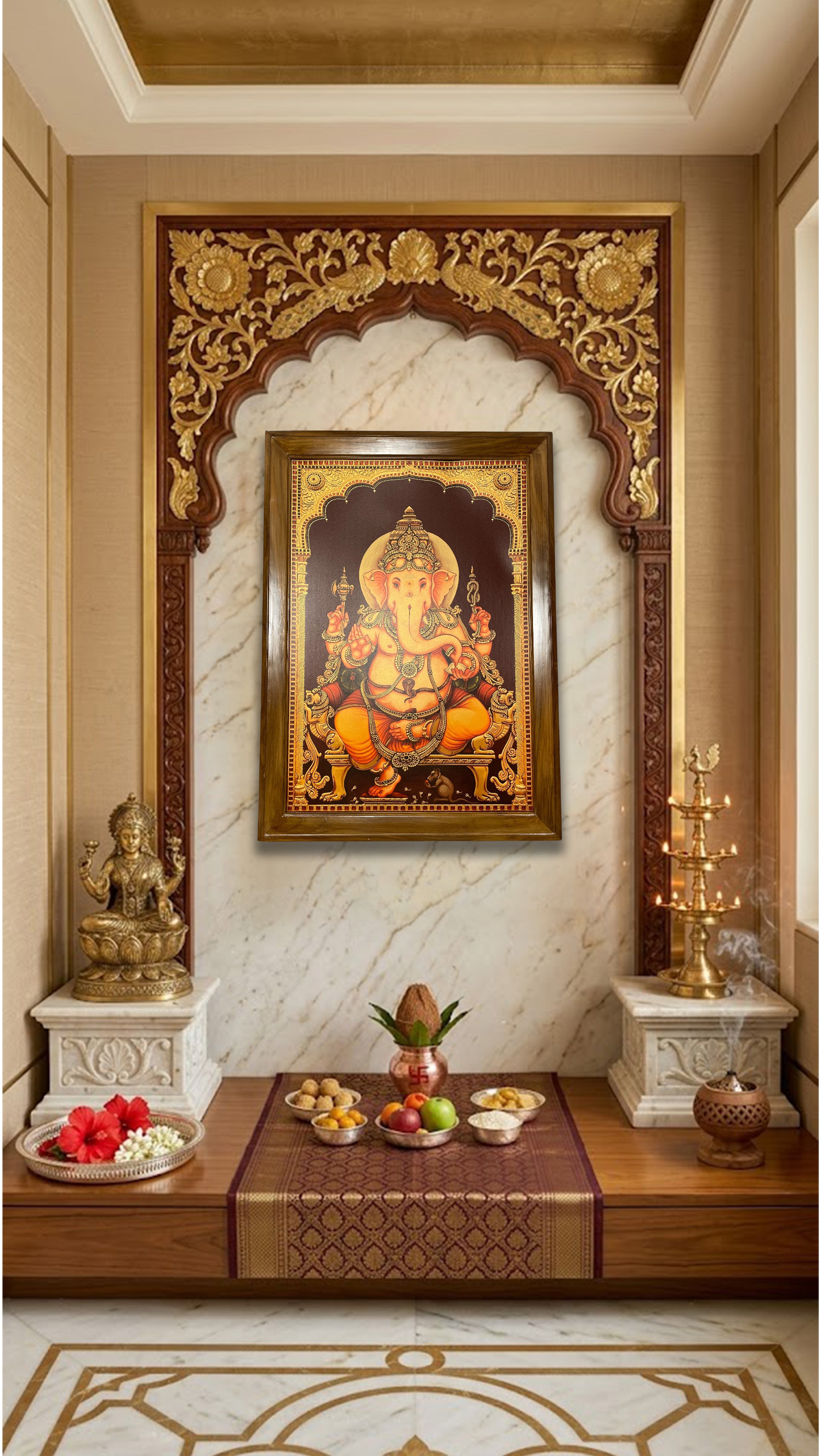 Lord Ganesha Teak Wood Frame Wall Art | Premium Wooden Ganesha Frame for Pooja Room | Luxury Hindu Wall Decor